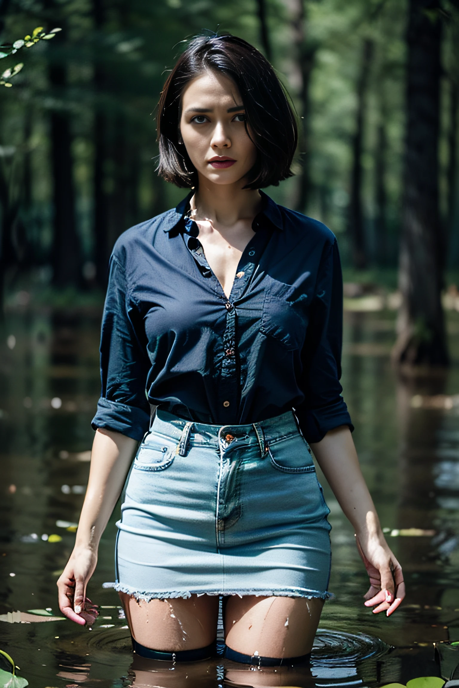 "(Best Quality,hight resolution:1.2),The woman,(masochism:1.3),Expressive wrinkles,Bob haircut,A Tragic Image, jeans skirt,blouse,(stockings with garters), (standingn, drowning in a swamp:1.2),Detailed eyes and face,expression of despair,Dark and moody lighting,ominous vibe, death"