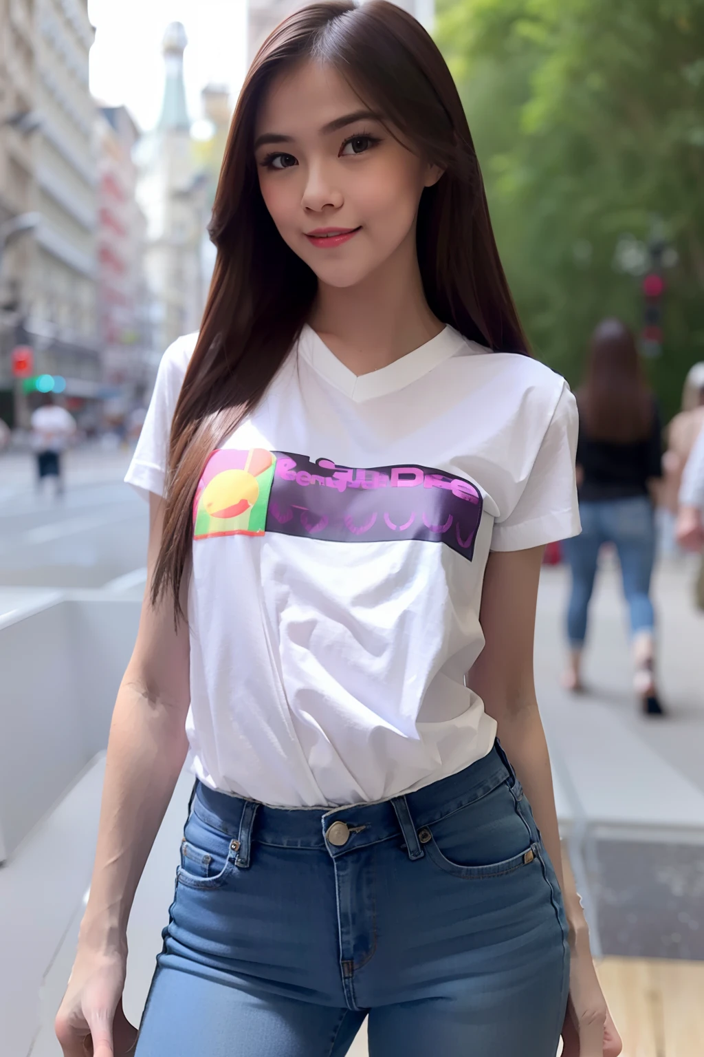 best quality, ultra-high res, super detailed, (photorealistic:1.4), Long hair, looking_at_viewer, high heels, little smile, at the public, wear t-shirt tight, tight sort jeans, glare, standing full body, little body, slim body, purple nails