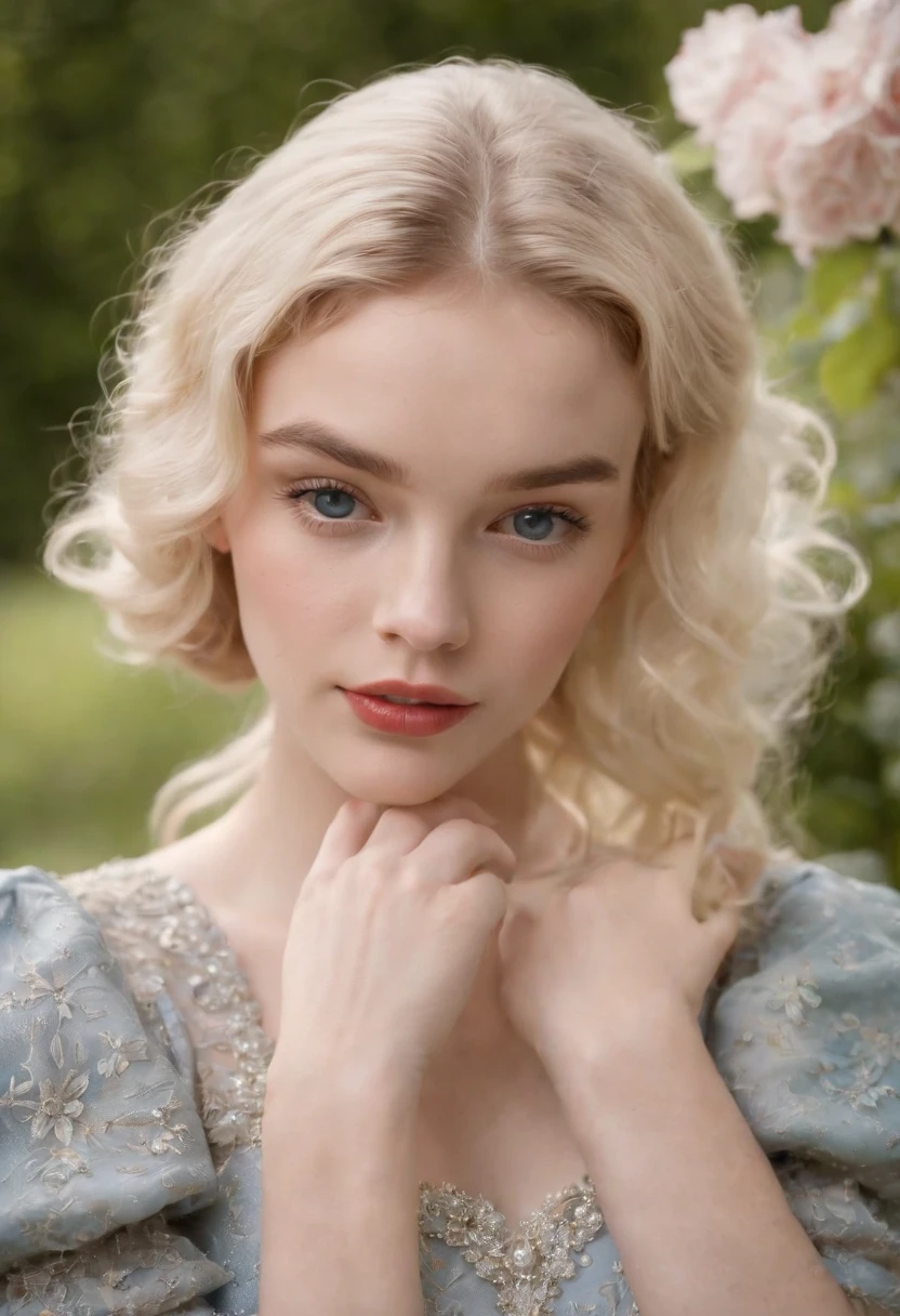 A modern-day gorgeous young English girl,15 years old, beauty dressed,playing in a royal garden in an ultra-conservative dress with puffed sleeves,marlyn monroe styled blonde hair, and dark blue eyes