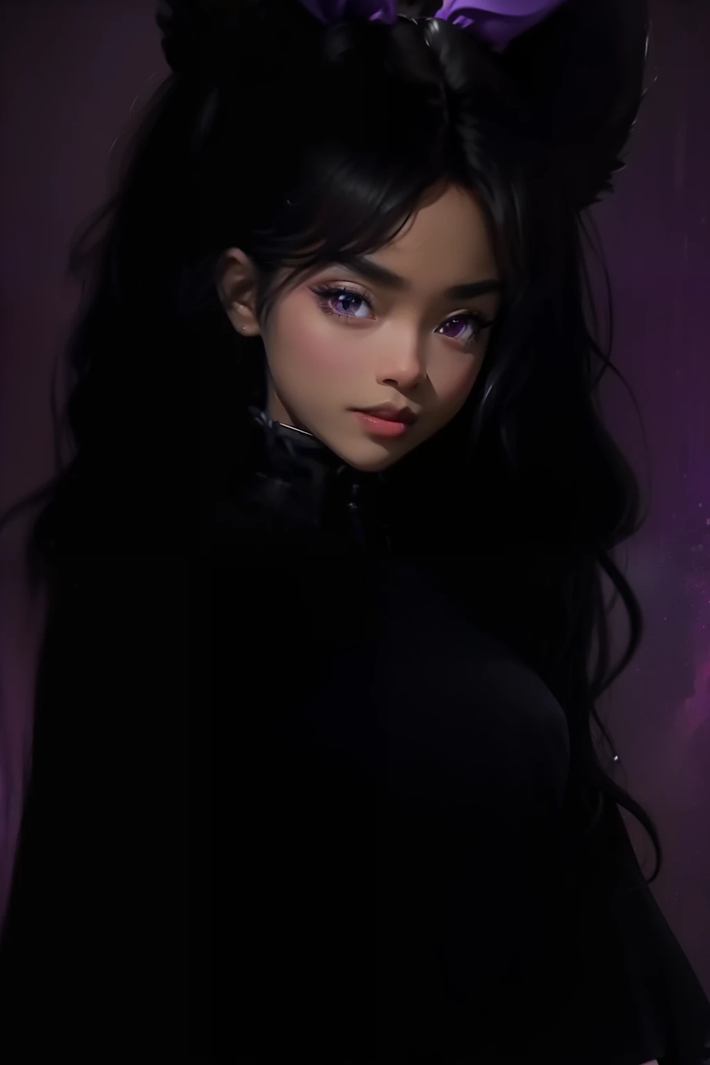 3dmm style,(masterpiece, top quality, best quality, official art, beautiful and aesthetic:1.2), (fractal art:1.3), 1girl, beautiful, high detailed, black hair with a hint of purple, pink eyes, dark lighting, serious face, looking the sky, sky, medium shot, black lolita dress, dark skin, bunny ears, black girl, skinny