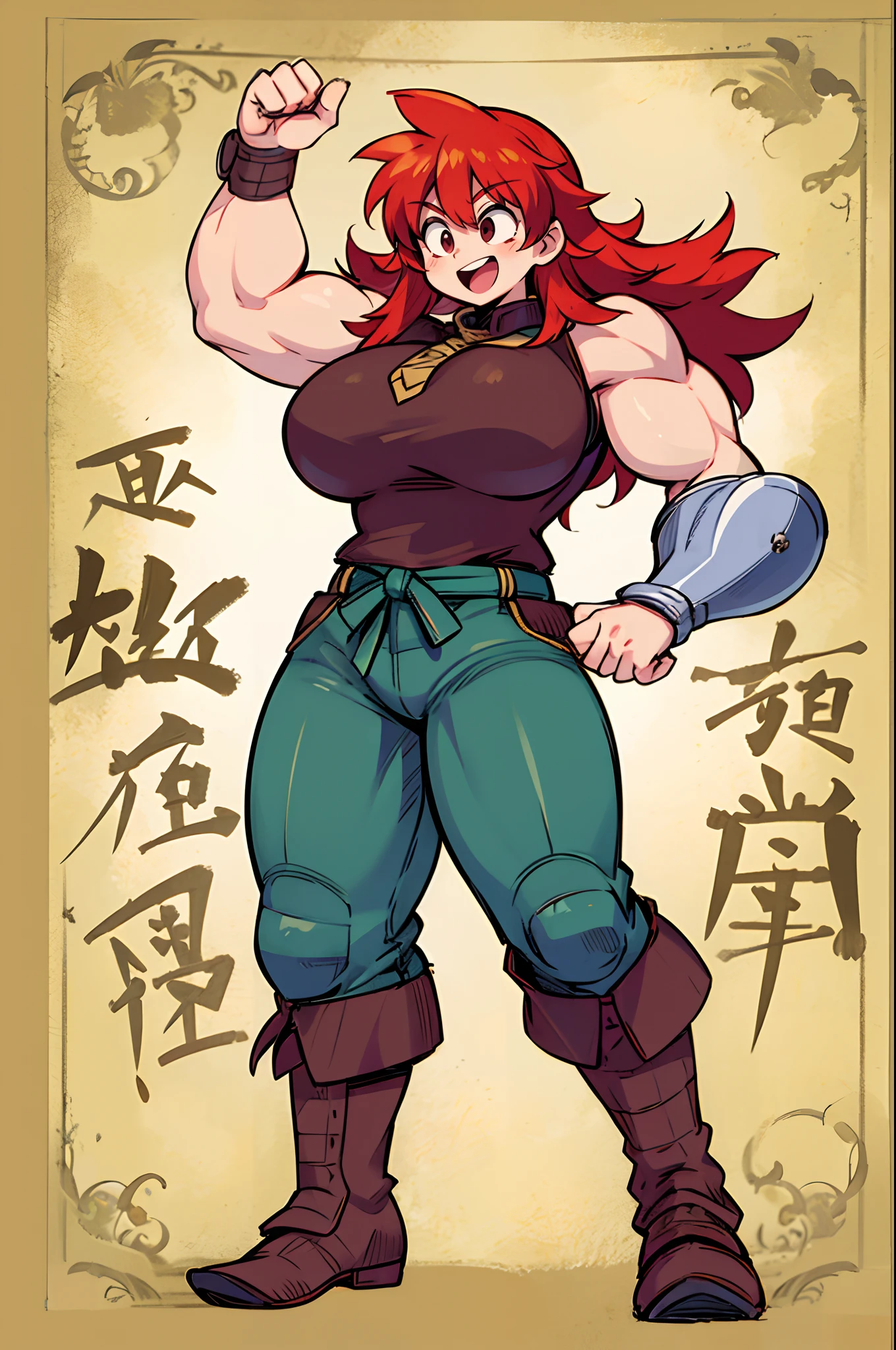 tomboy, warrior, berserker, tall female, muscular female, living hair, sauvage,, medieval clothing, fantasy, fantasy weapon, huge breasts, barbarian pants, , combat boots, armor, red hair, crazy smile, open mouth, biceps, necktie, thick arms,pullover, solo focus, long hair, , crazy smile