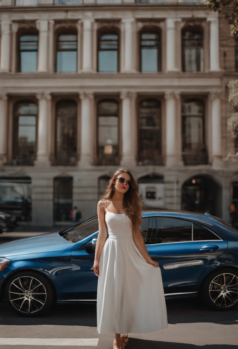 sexy girl with blue eyes, ultra realistic, meticulously detailed, at the parking, hair and large eyes, selfie of a young woman, white skirt, without makeup, natural makeup, looking directly at the camera, face with artgram, subtle makeup, stunning full body shot, next of the mercedes benz car, medium to large size bust, sunny weather, view of the streets, new york city, los angeles, full body photo, whole person in the picture, photo shot on iphone, hyper realistic photo, ultra sharp, real life footage, instagram post photo, girl having fun, avarage quality of the photo, sunlight, selfie, people in the background, car in the background, around people