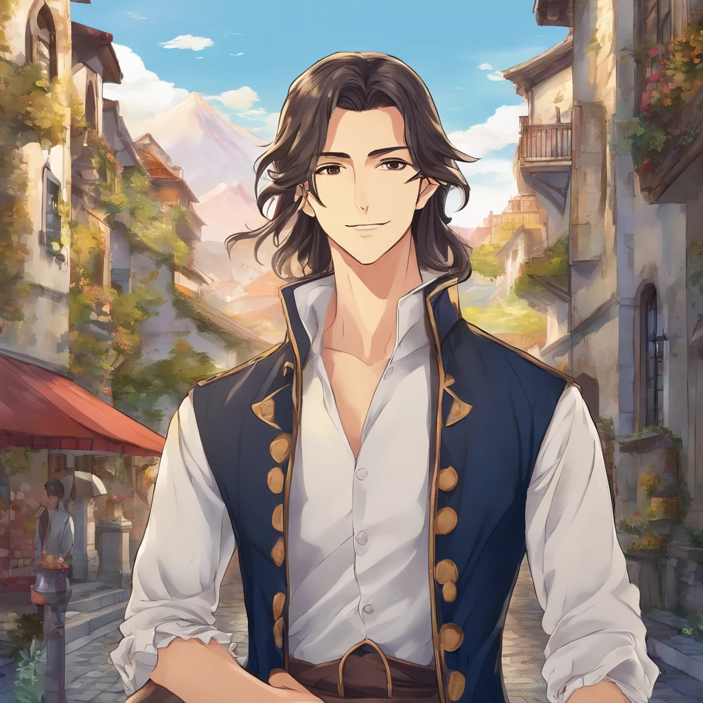 High quality, 8k Resolution, ultra detailed, 1man, male focus, ((kind smile)), looking at viewer, (cowboy shot), (((Strahd von Zarovich in human form))), soft lighting, relaxed pose, (kind facial features), brown hair, nobleman clothing, (medieval town background), character smiling softly at viewer, very relaxed attitude, soft gaze, romantic features, no head accessories, shoulder length hair,