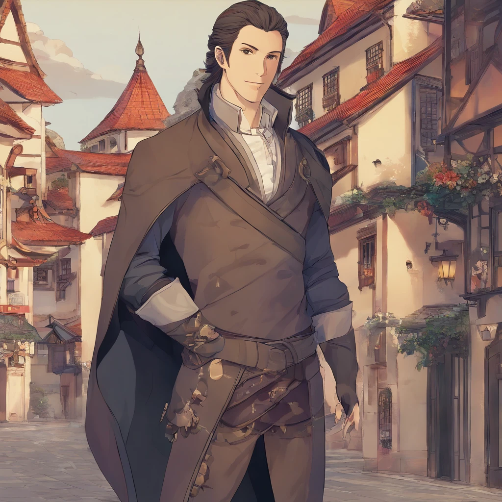 High quality, 8k Resolution, ultra detailed, 1man, male focus, ((kind smile)), looking at viewer, (cowboy shot), (((Strahd von Zarovich in human form))), soft lighting, relaxed pose, (kind facial features), brown hair, nobleman clothing, (medieval town background), character smiling softly at viewer, very relaxed attitude, soft gaze, romantic features, no head accessories, shoulder length hair,