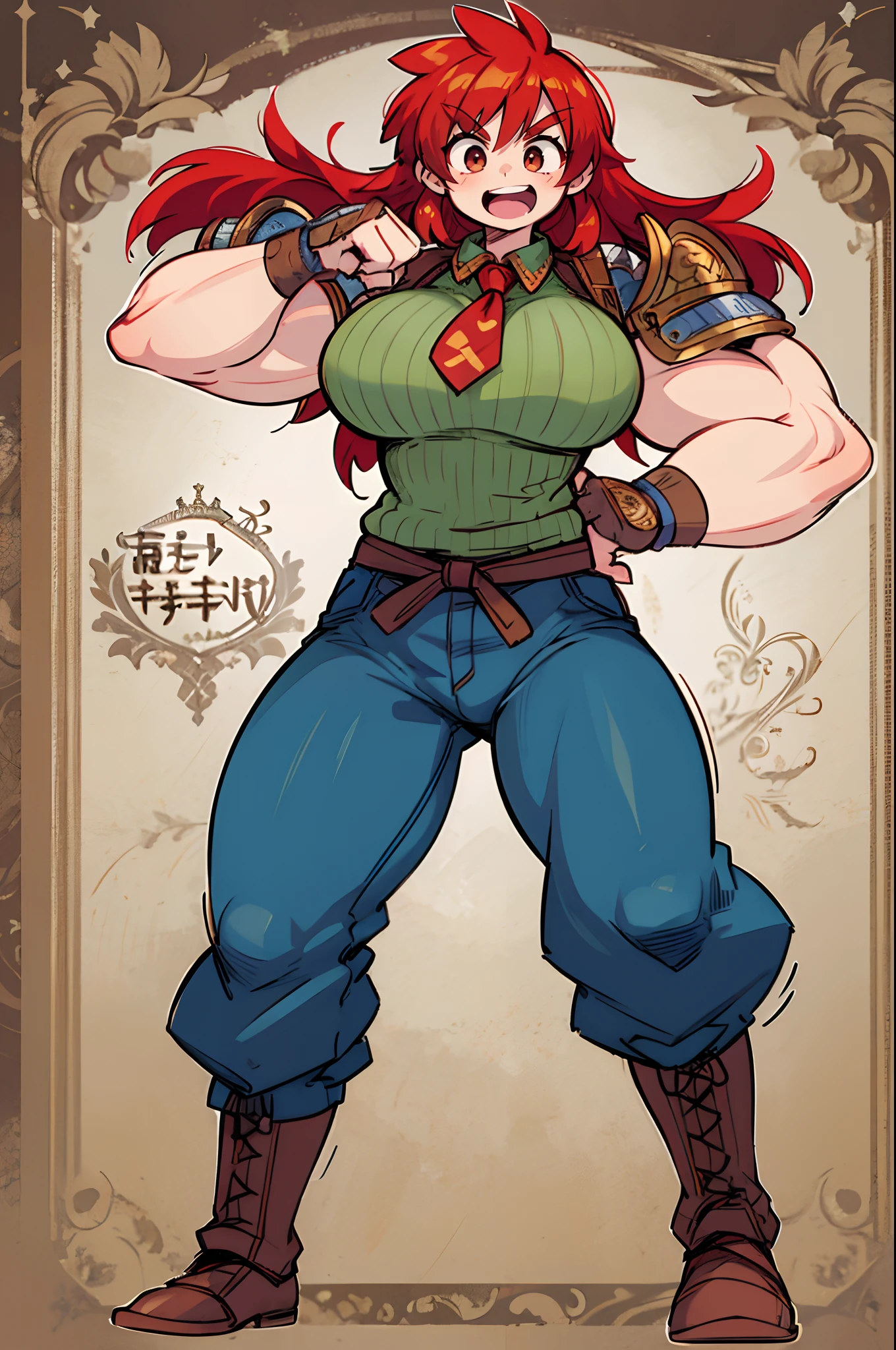 tomboy, warrior, berserker, tall female, muscular female, living hair, sauvage,, medieval clothing, fantasy, fantasy weapon, huge breasts, barbarian pants, , combat boots, armor, red hair, crazy smile, open mouth, biceps, necktie, thick arms,pullover, solo focus, long hair, , crazy smile