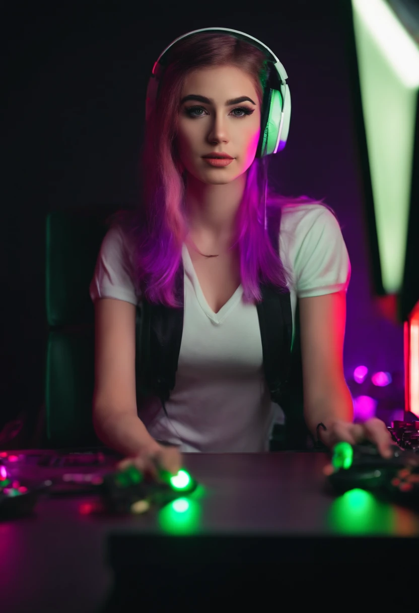 cute young, attractive gamer girl, E-girl with gaming setup and sexy clothes and with LED lights