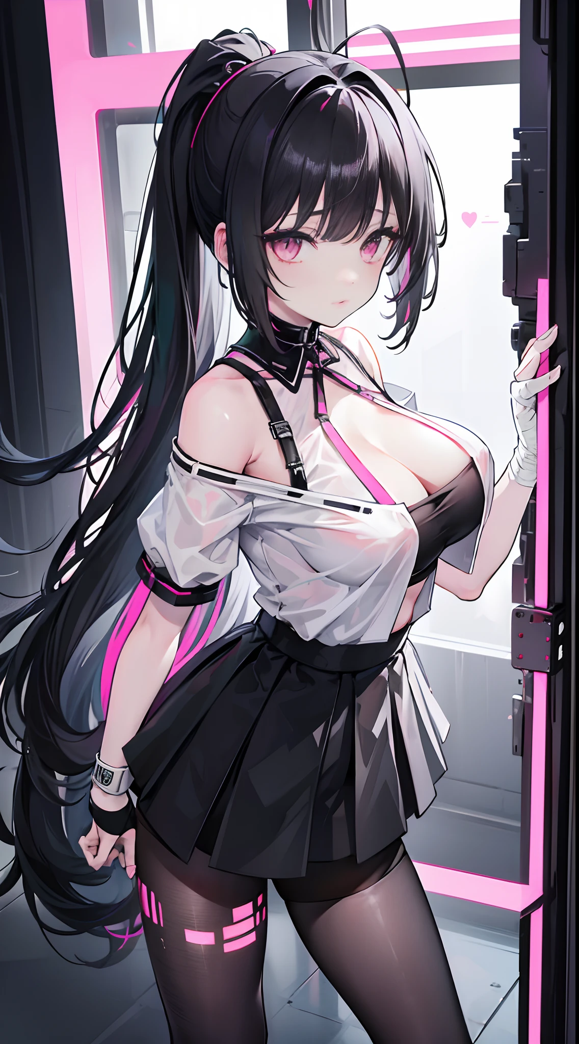 Black double ponytail，Hair curtains。long whitr hair，Pink eyes，White off-the-shoulder cover neck short sleeves，black short skirt，Black stocking pantyhose，chiquita，Bad girl，，huge tit，cyber punk perssonage，，In the futuristic technology sense classroom，Bandages wrapped around hands