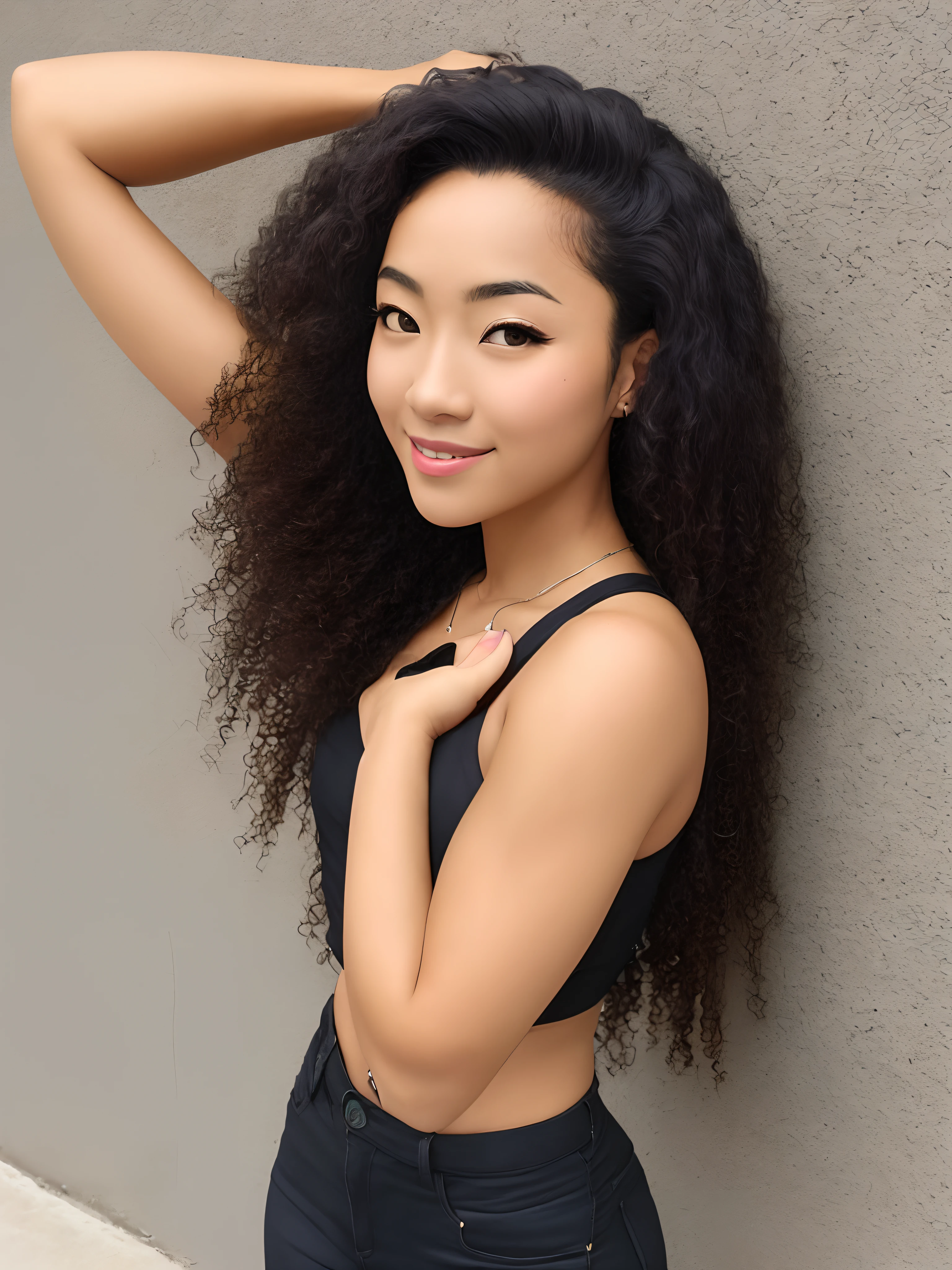 Eritrean mixed with Japanese, Long curly hair, Nose hump, Slim upper body, Thick lower body