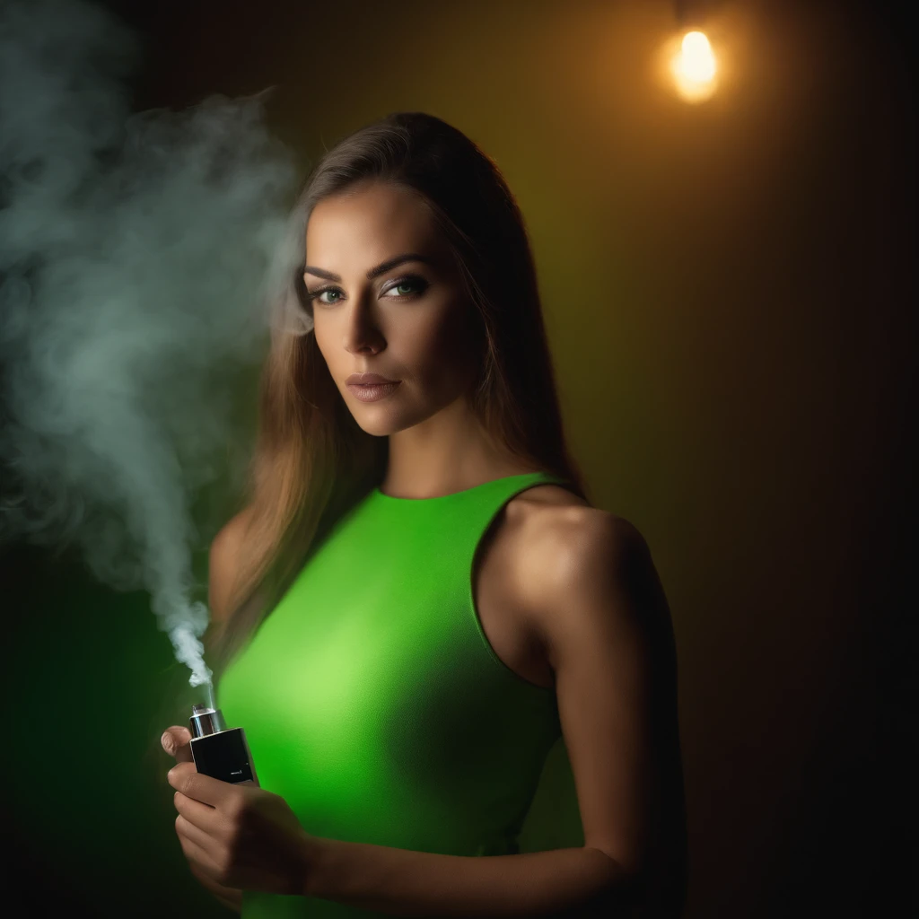 A captivating portrait of a Russian woman in her 20s with long hair and a perfect body is showcased in this photograph. She is dressed in a stylish lime green color seducing short top and is holding a ((very small vape device)) in one had for an advertisement photo shoot. The setting is a very dark studio with studio light effects, with a cloud of smoke surrounding her, creating a mysterious and alluring atmosphere. The photograph is part of a vape commercial photoshoot, emphasizing the realistic skin and bokeh effect that brings the viewer's focus to the woman and the product she is holding. With a confident gaze, she looks directly at the camera, making a connection with the viewer and inviting them to explore the world of the product being advertised.