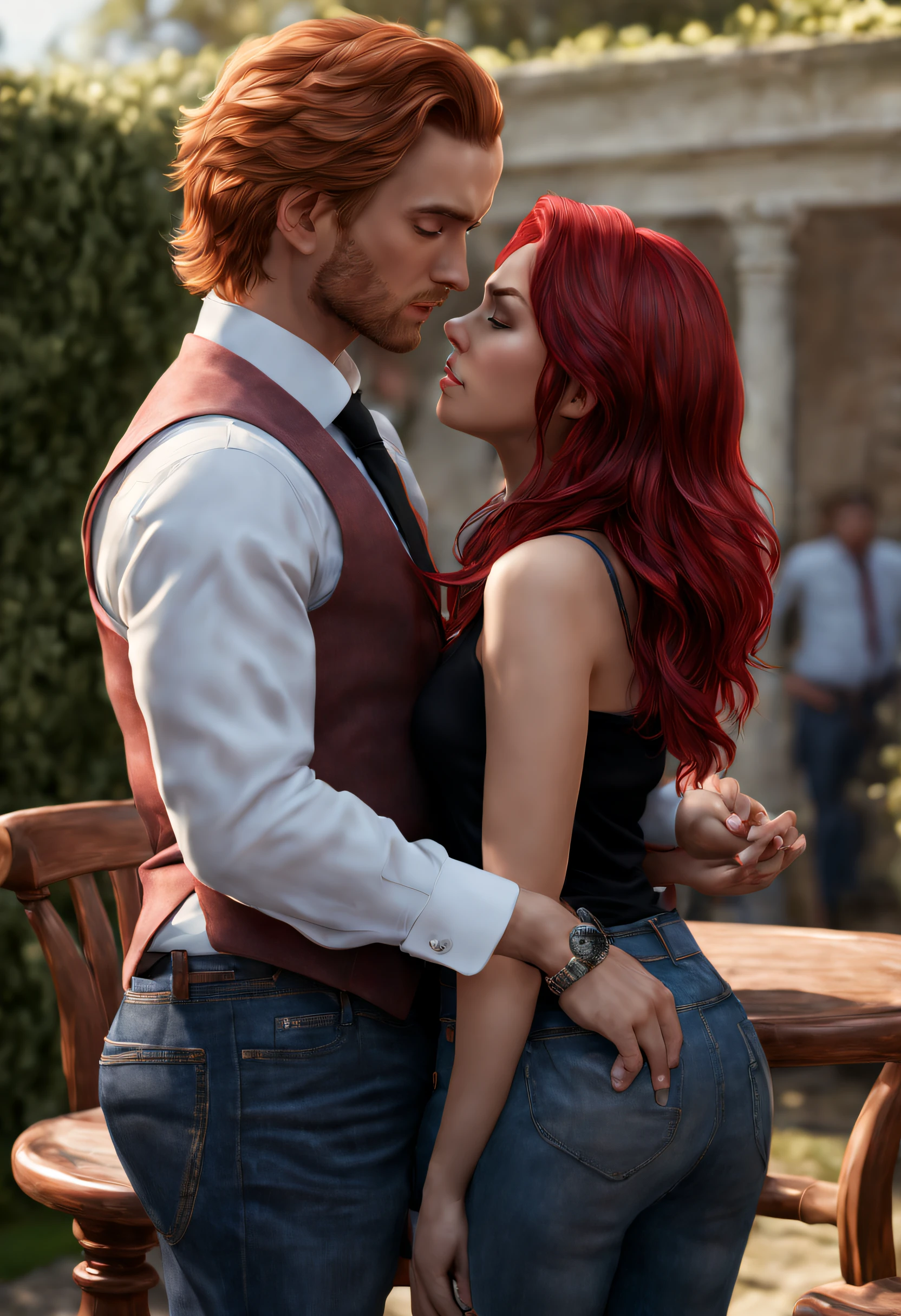 (best quality,4k,8k,highres,masterpiece:1.2),ultra-detailed,(realistic,photorealistic,photo-realistic:1.37),top-quality Male and female couples, Girl sitting on a chair wearing a tight jeans over a tank top, Boys hugging each other from behind, Boys wearing a suit, girl red hair, (male Leo, demi human), vivid colors, soft lighting, outdoor setting