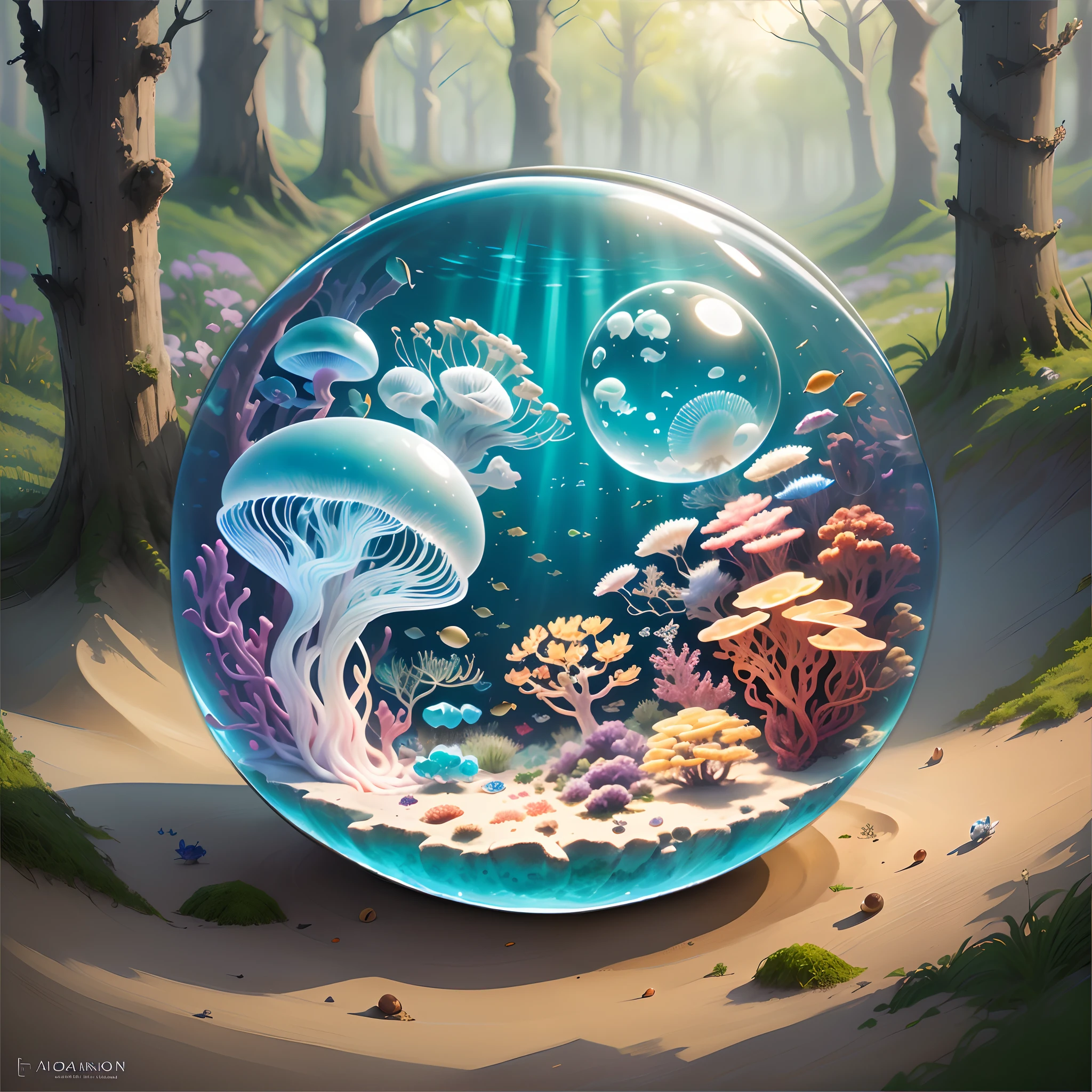There is a glass ball,There are pictures of marine life inside, A beautiful artwork illustration, Realistic fantasy illustration, highly detailed digital painting, whimsical fantasy landscape art, graphic of enchanted terrarium, very detailed digital painting, science fantasy painting, masterpieceunderwater scene, Detailed fantasy illustration, detailed fantasy digital art, full art illustration, surreal concept art, full art