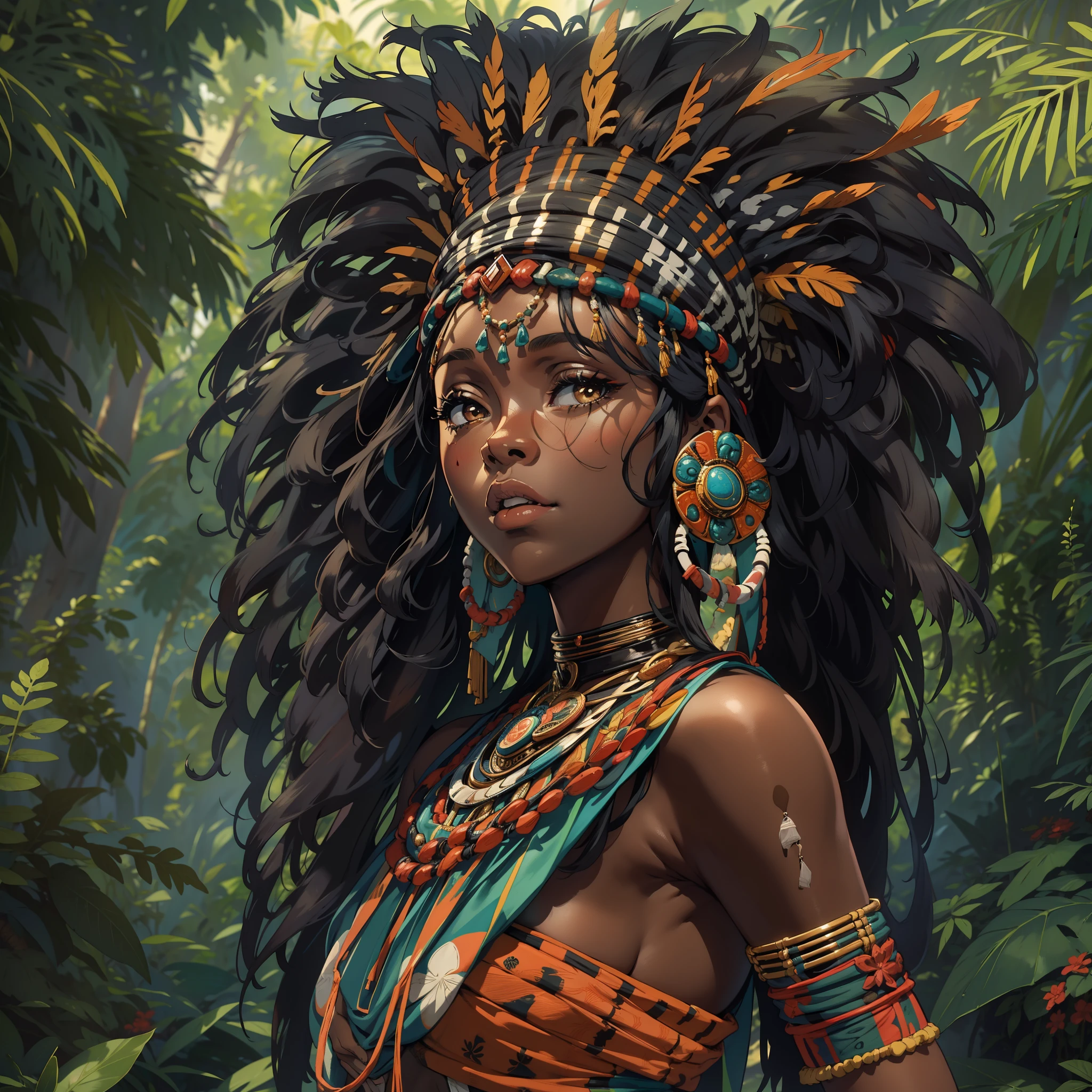 Uma mulher negra bonita com pele negra africana, She is a princess of the forest, wearing tribal costumes with various African tribal accessories, pelo corpo, Wakanda Cultural, Africanos, Ela tem cabelos ondulados, cabelos castanhos cacheados, a beautiful woman with a sweet appearance, magra, This woman is in middle age, she has traits of a 30-year-old woman;