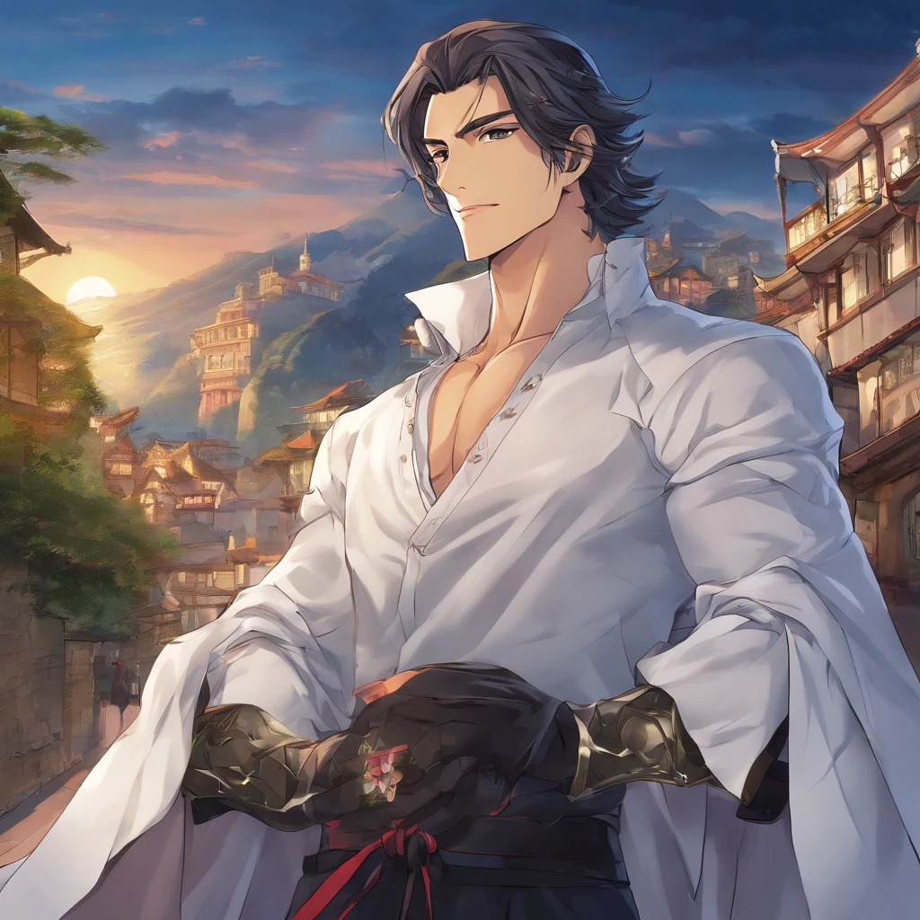 High quality, 8k Resolution, ultra detailed, 1man, male focus, ((kind smile)), looking at viewer, (cowboy shot), (((Strahd von Zarovich but before he became a vampire))), soft lighting, relaxed pose, (kind facial features), brown hair, nobleman clothing, (medieval town background), character smiling softly at viewer, very relaxed attitude, soft gaze, romantic features, ((((no hats)))), shoulder length hair,
