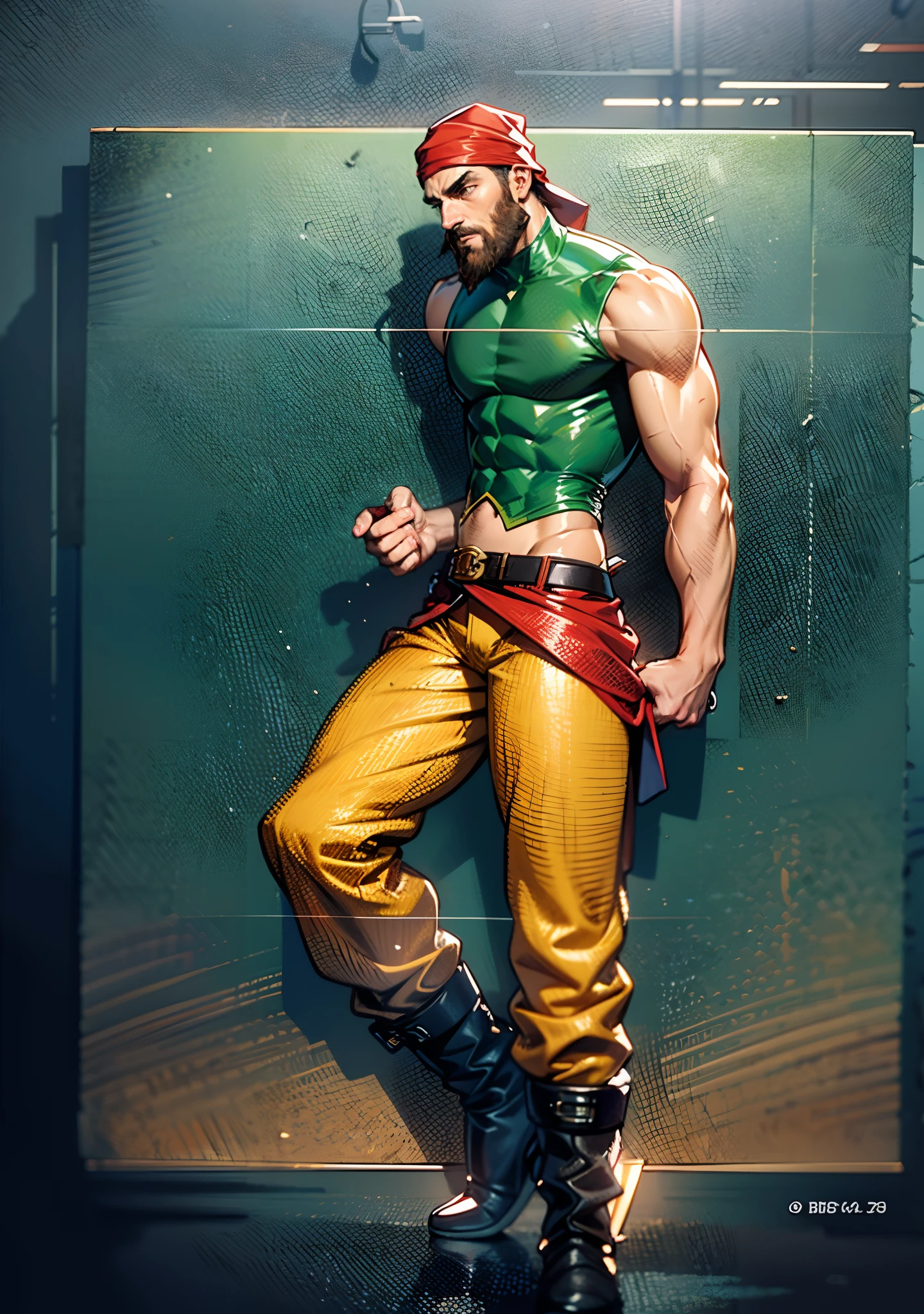 A middle-aged man with short brown hair, wearing a headscarf, has a Northern European face, a cold and stern gaze, a neatly trimmed beard, he wears a peculiar fantasy-style outfit, a uniquely tailored tight vest, that exposes much of his upper body, revealing well-defined muscles, a red cloth belt around his waist and wears, wears yellow cloth trousers, knee-high leather boots, he stands on the dock, with a large wooden sailboat in the background, this character embodies a finely crafted fantasy-style pirate in anime style, characterized by an exquisite and manga illustration art style, high definition, best quality, highres, ultra-detailed, ultra-fine painting, extremely delicate, professional, anatomically correct, symmetrical face, extremely detailed eyes and face, high quality eyes, creativity, RAW photo, UHD, 8k, Natural light, cinematic lighting, masterpiece:1.5