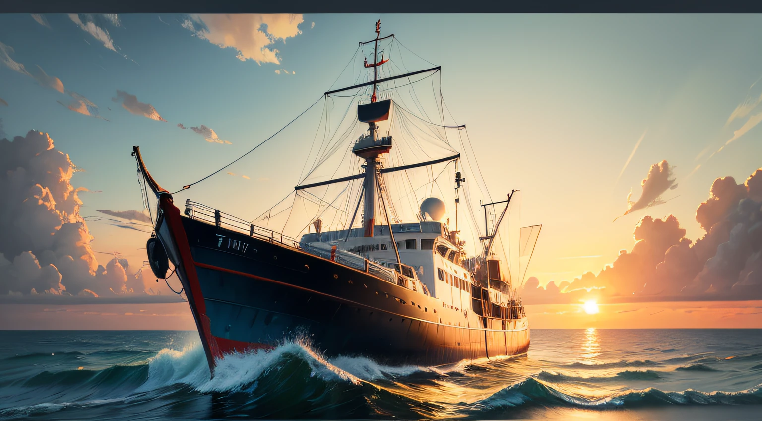 Fishing Vessel, oil painting, intense sunlight, Heavy-duty fishing nets, Mouettes, Vibrant colors, Style impressionniste