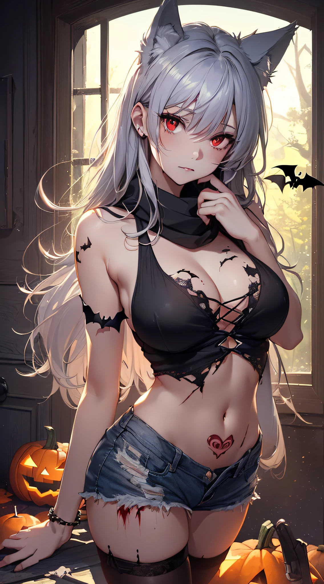 top-quality、Top image quality、​masterpiece、teens girl((18year old,Tattered tank top in black and blue,Tattered orange and black shorts、Orange Scarf,Best Bust、Bust 85、silber hair、Longhaire,Red Eyes、open chest wide、Valley、Happiness、A slender、Blood coating、Leaning forward、Emphasis on the chest、Wolf tattoo、wolf ear、Wolf tail、rut)）hiquality、Beautiful Art、Background with((natta、window、dark sky、Halloween at night、the bats、pumpkins,Nightmare、Inside the Halloween venue、Forest Path))、masutepiece、Elaborate design、visualart、Theatrical films