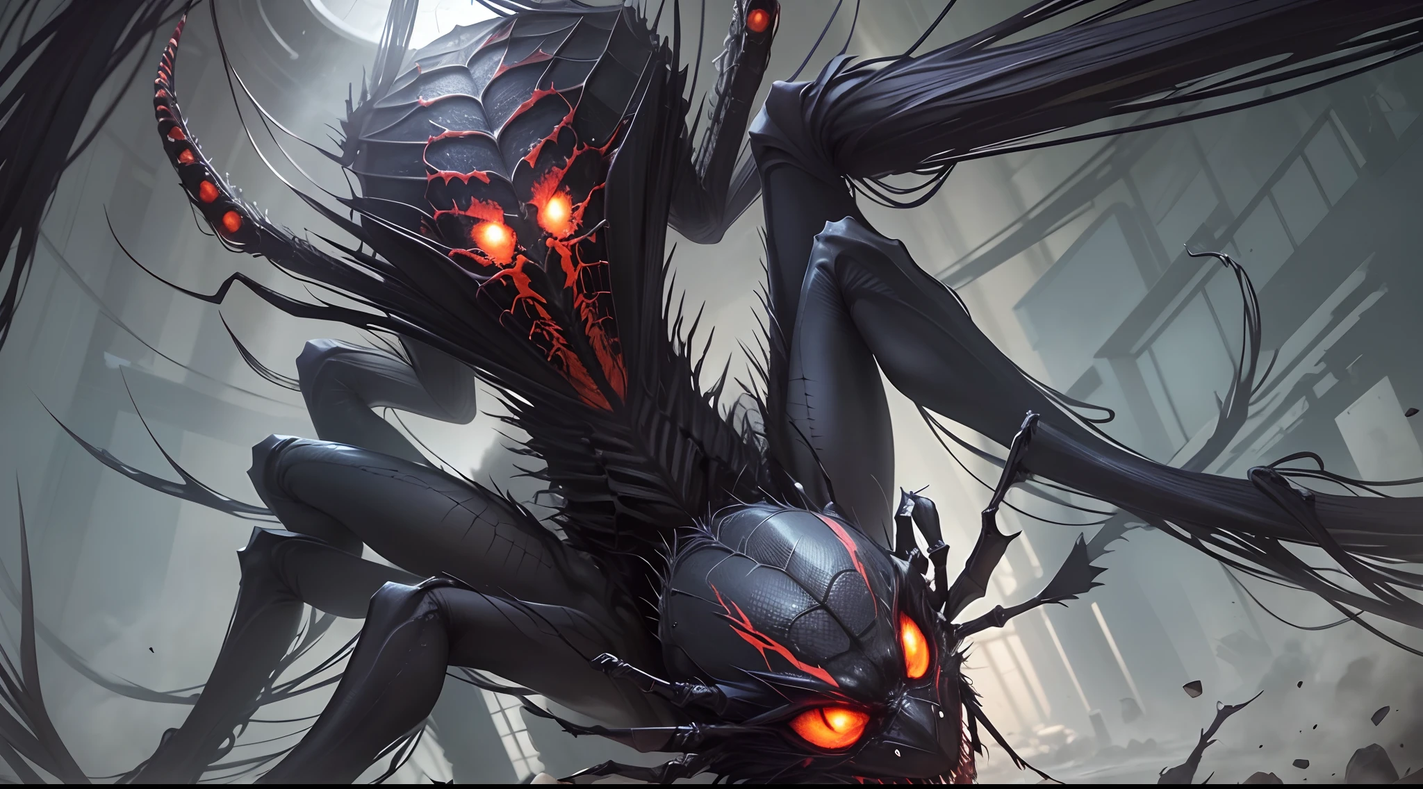 A huge spider jumped down from the ceiling. It had eight long legs and was covered in black hair. Its sharp teeth were visible as it opened its bloodthirsty mouth. It was a female monster, a humanized female spider. --auto --s2