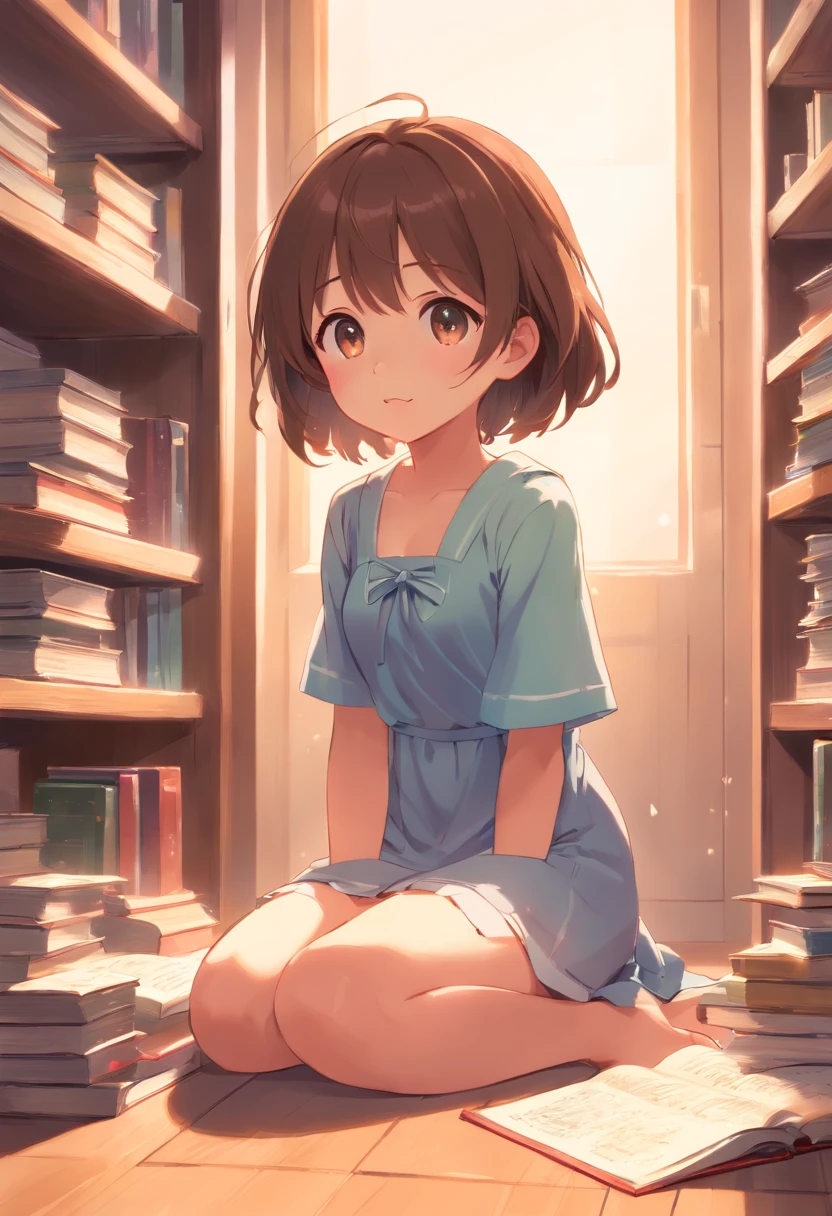 Cute loli，Barefoot，Tummy down，head looking up，Raise your feet，shift dresses，largeeyes，Anime cute face，looking at book，Wet da