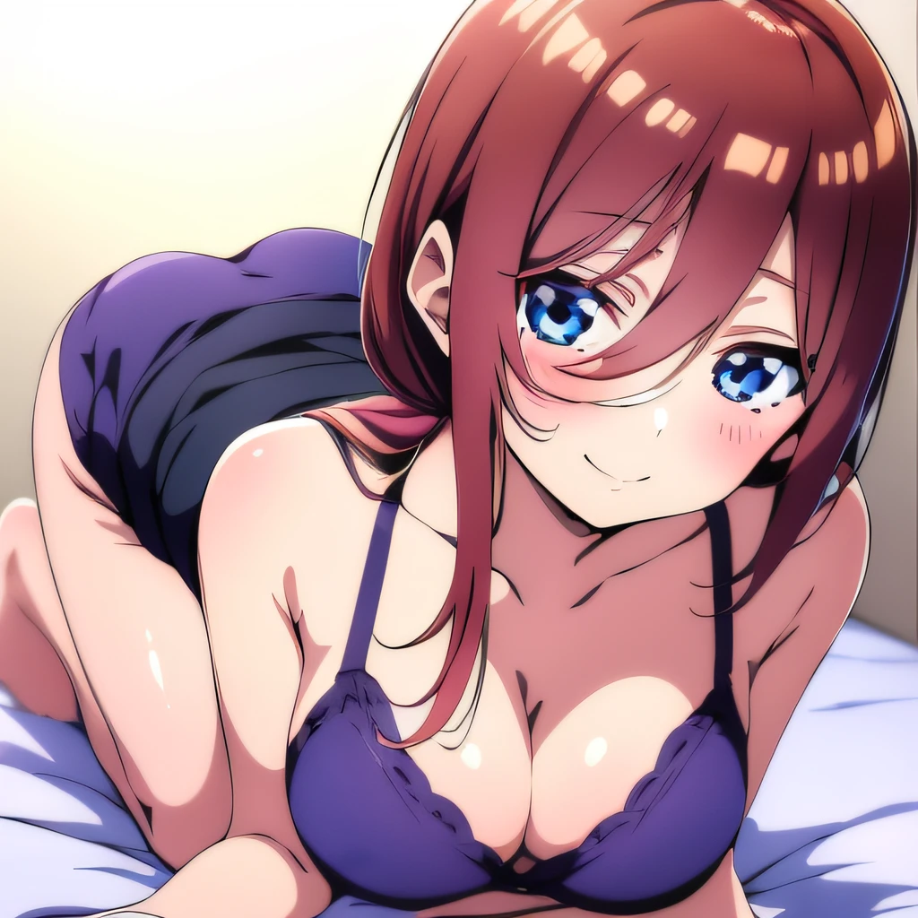 ((masutepiece)), ((Best Quality)), (Ultra-detailed), Anime style, from below looking up, on the bed,  s, 1girl in, Solo, underwear00, ((Beautiful eyes)), large full breasts, Smile