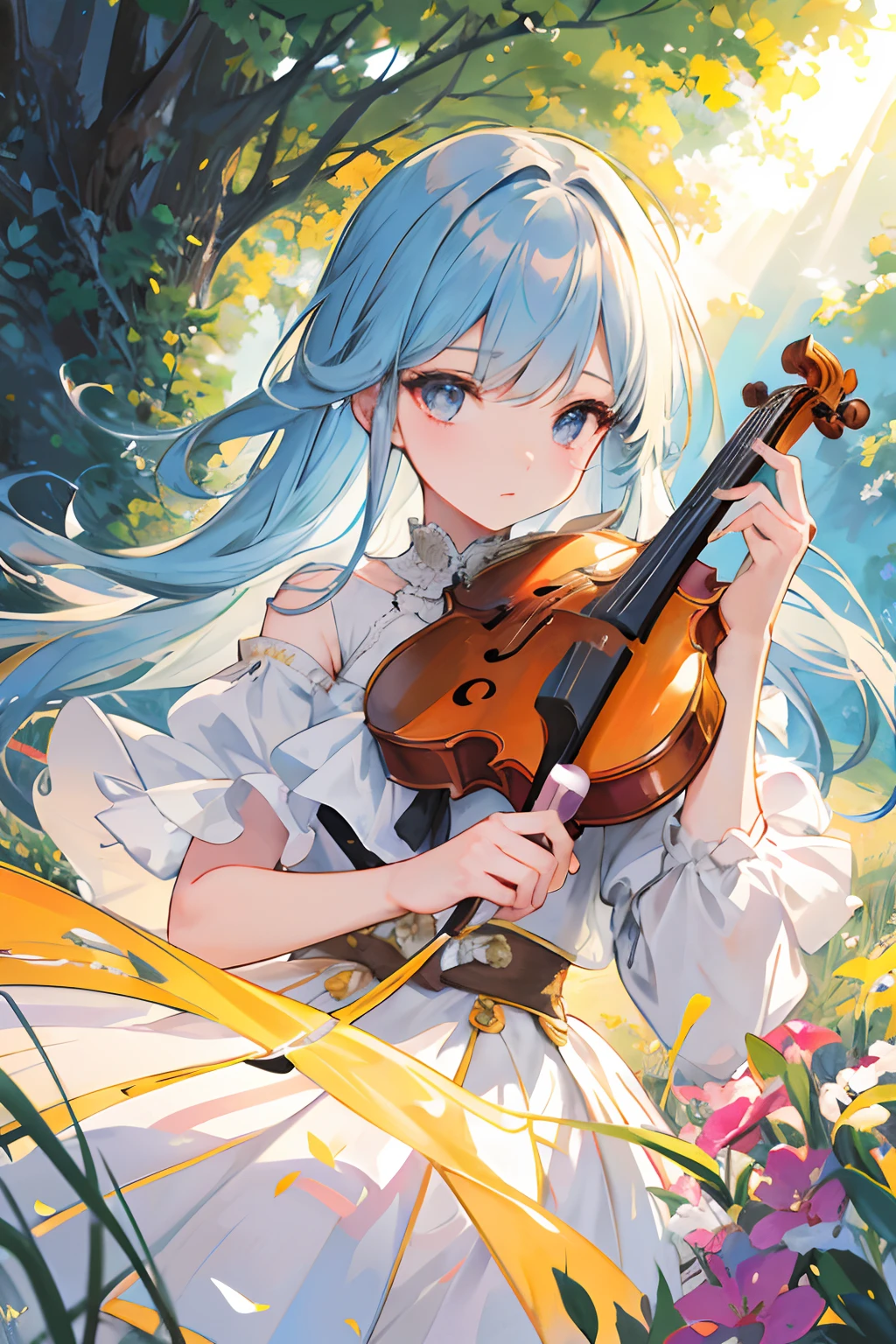 a girl with a violin,sunset,golden rays of sunlight,hills and meadows,beautiful detailed eyes,flowing hair,ethereal atmosphere,soft and soothing colors,romantic vibe,warm lighting,lush greenery,harmonious blending of nature and music,melodic sound of the violin,peaceful and serene setting,otherworldly experience,emotionally captivating,artistic masterpiece,high resolution image,delicate strokes of a brush,vibrant colors,classic artwork feel,magical and dreamlike ambiance