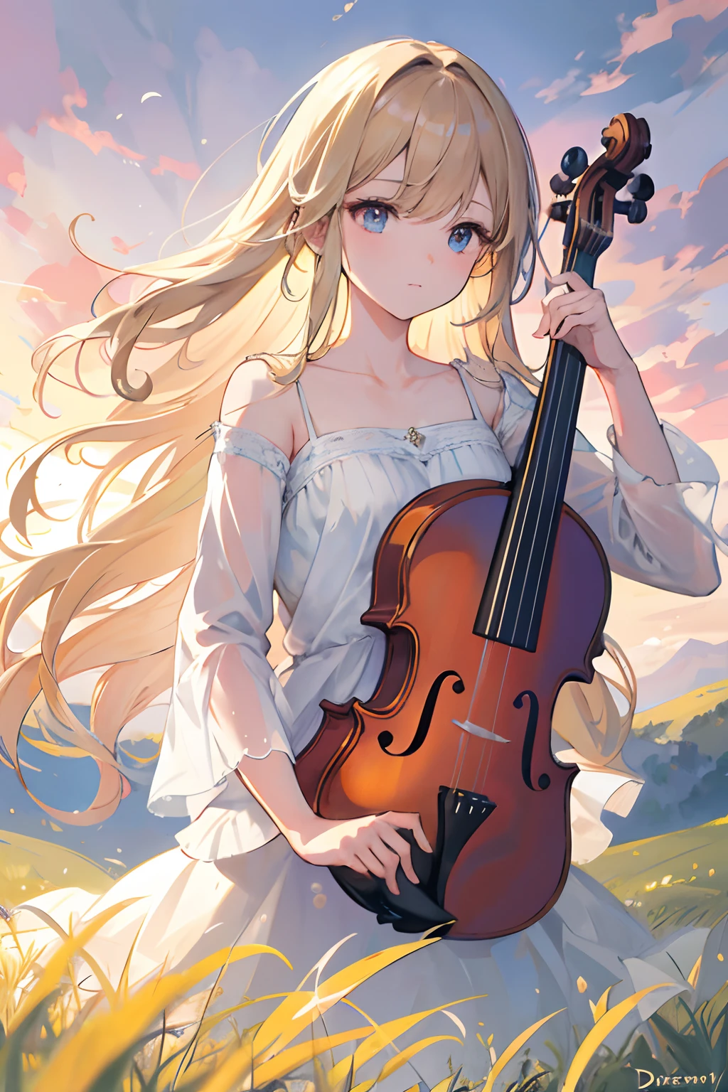 a girl with a violin,sunset,golden rays of sunlight,hills and meadows,beautiful detailed eyes,flowing hair,ethereal atmosphere,soft and soothing colors,romantic vibe,warm lighting,lush greenery,harmonious blending of nature and music,melodic sound of the violin,peaceful and serene setting,otherworldly experience,emotionally captivating,artistic masterpiece,high resolution image,delicate strokes of a brush,vibrant colors,classic artwork feel,magical and dreamlike ambiance