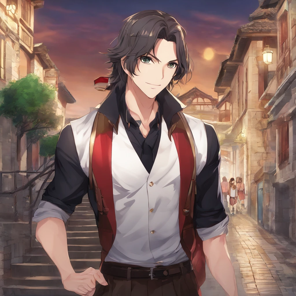 High quality, 8k Resolution, ultra detailed, 1man, male focus, ((kind smile)), looking at viewer, (cowboy shot), ((Strahd von Zarovich but before he became a vampire)), soft lighting, relaxed pose, (kind facial features), brown hair, nobleman clothing, (medieval town background), character smiling softly at viewer, very relaxed attitude, soft gaze, romantic features, ((((no hats)))), shoulder length hair, proportional head to body ratio, extremely detailed features,