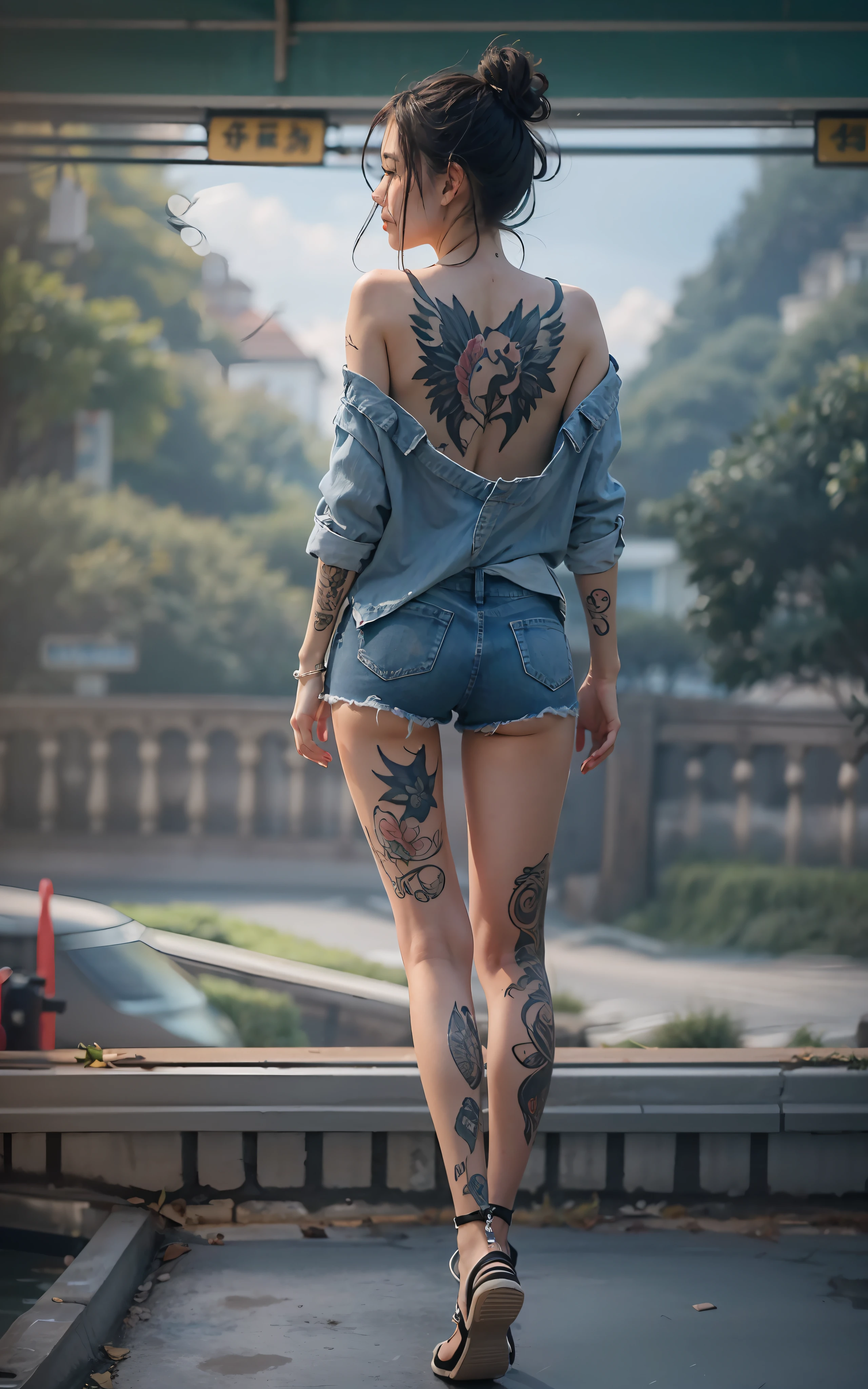 8k, top-quality, hight resolution, realisticlying, realperson, Beautiful woman on her back、sitted、Have all the tattoos on your back、Looking back at a sexy defined body、 Denim shorts