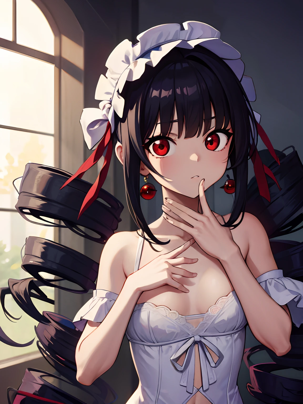 celestialudenberg, celestia ludenberg, black hair, bonnet, (drill hair:1.2), earrings, long hair, (red eyes:1.5), (twin drills:1.2), (small breast:1.2),
BREAK lingerie,
BREAK indoors, classroom,
BREAK looking at viewer, BREAK (masterpiece:1.2), best quality, high resolution, unity 8k wallpaper, (illustration:0.8), (beautiful detailed eyes:1.6), extremely detailed face, perfect lighting, extremely detailed CG, (perfect hands, perfect anatomy),