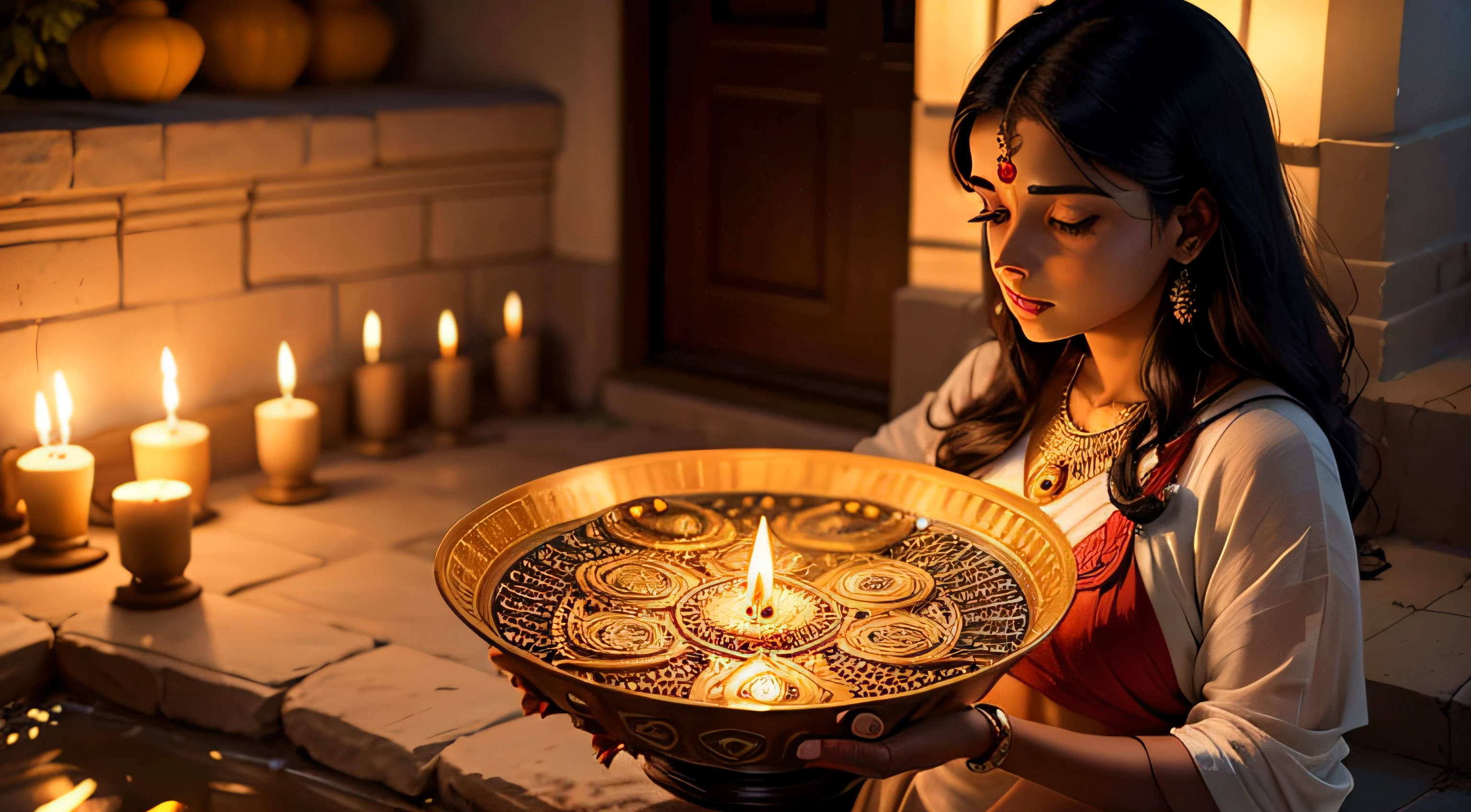 Indian woman stading outdoor with a thaali full of diyas on the occasion of Diwali