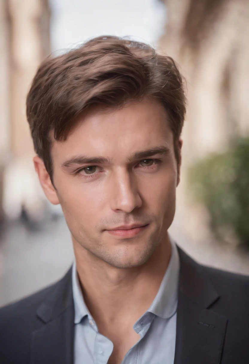Generate me a handsome goss businessman with short brown hair in portrait