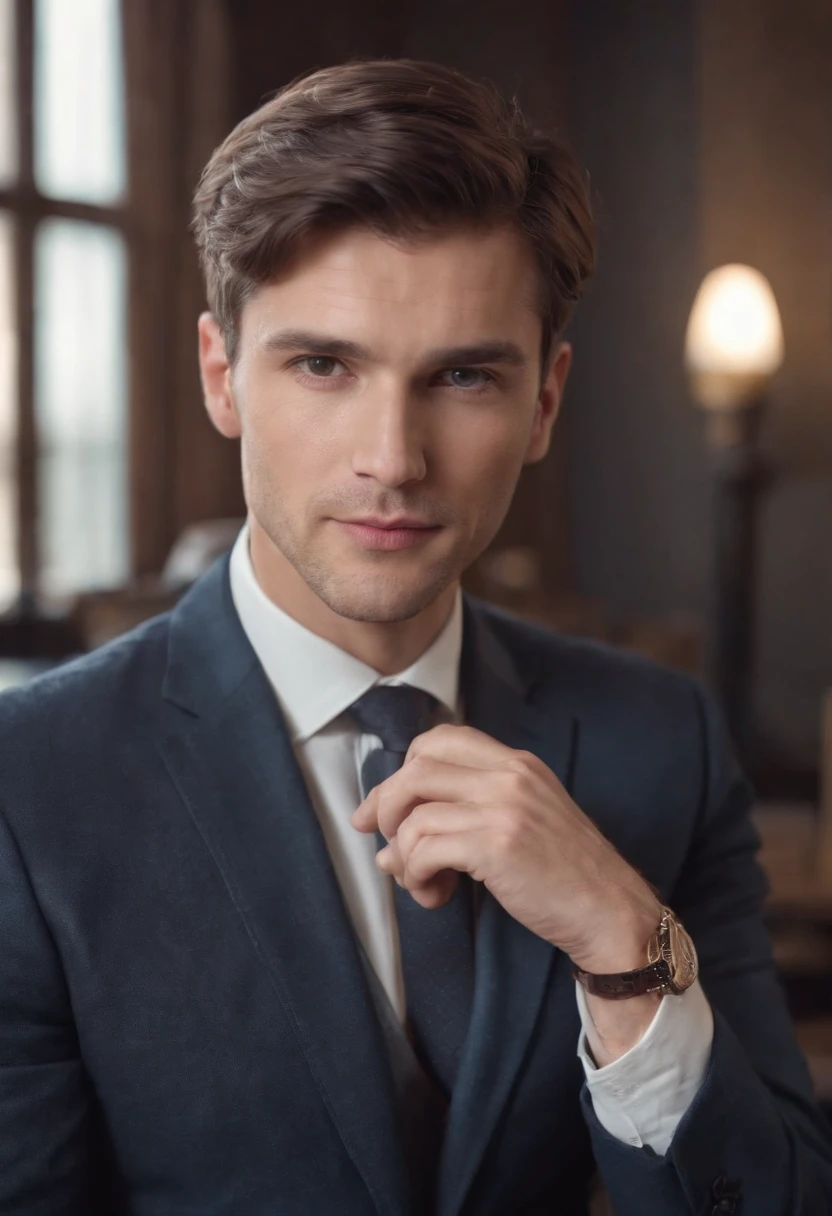 Generate me a handsome goss businessman with short brown hair in portrait