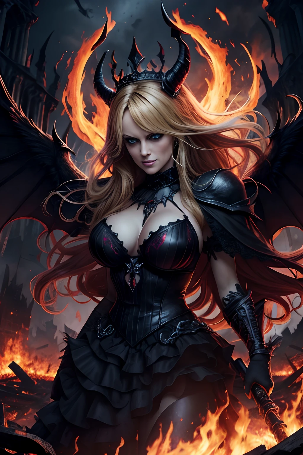 Ultra-detailed Stormy Daniels stands atop a pile of burning ruins, Her diabolical and insidious presence radiating from her dark crown and black and red evil queen dress........ Her demon wings on her back and demon horn give her an invincible aura as she unleashes a powerful wave of destruction with a single gesture.............. She holds a black satanic pitchfork with an evil purple aura in one hand
