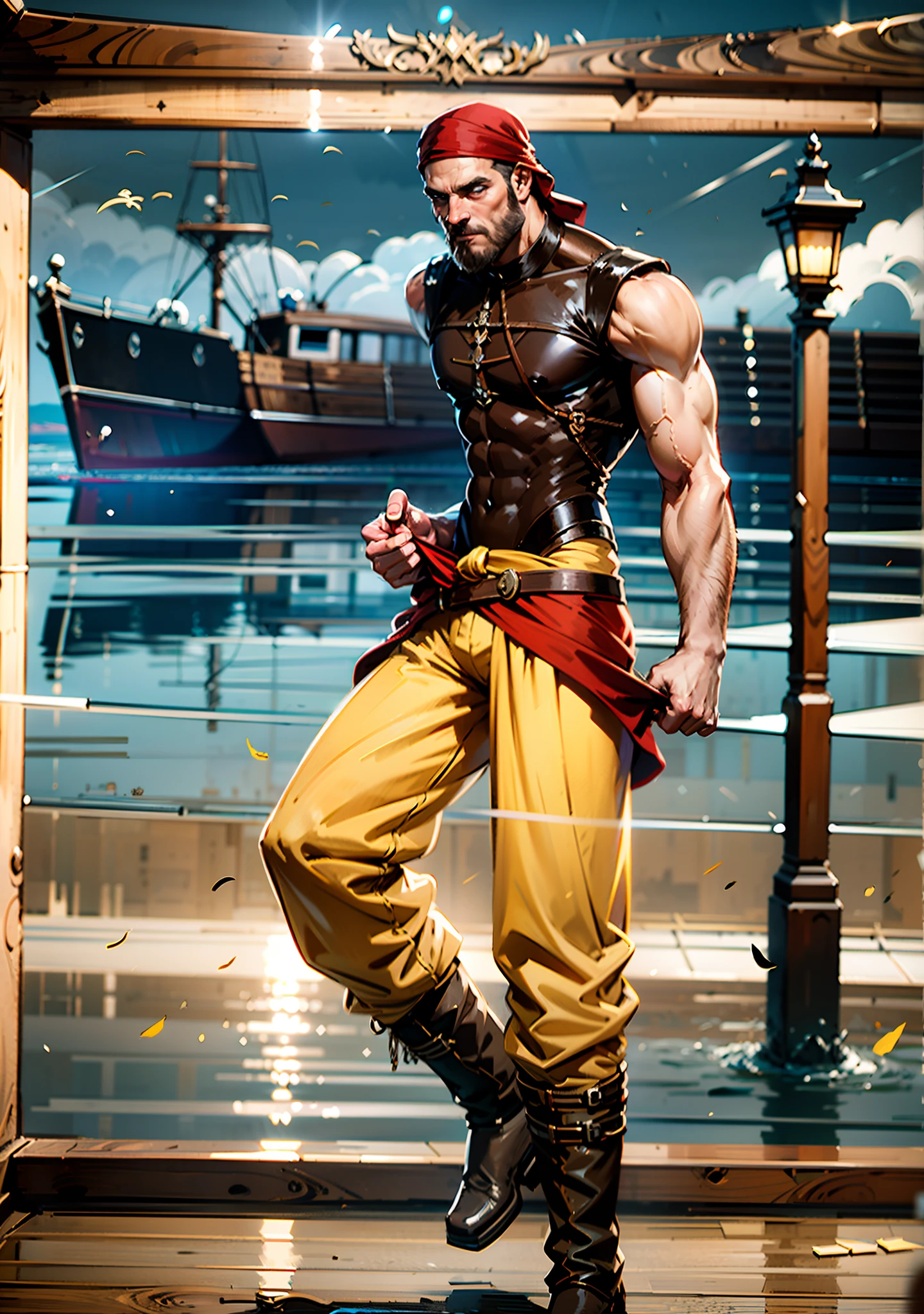 A middle-aged man with short brown hair, wearing a headscarf, has a Northern European face, a cold and stern gaze, a neatly trimmed beard, he wears a peculiar fantasy-style outfit, a uniquely tailored tight vest, that exposes much of his upper body, revealing well-defined muscles, a red cloth belt around his waist and wears, wears yellow cloth trousers, knee-high leather boots, he stands on the dock, with a large wooden sailboat in the background, this character embodies a finely crafted fantasy-style pirate in anime style, characterized by an exquisite and mature manga illustration art style, high definition, best quality, highres, ultra-detailed, ultra-fine painting, extremely delicate, professional, anatomically correct, symmetrical face, extremely detailed eyes and face, high quality eyes, creativity, RAW photo, UHD, 8k, Natural light, cinematic lighting, masterpiece:1.5