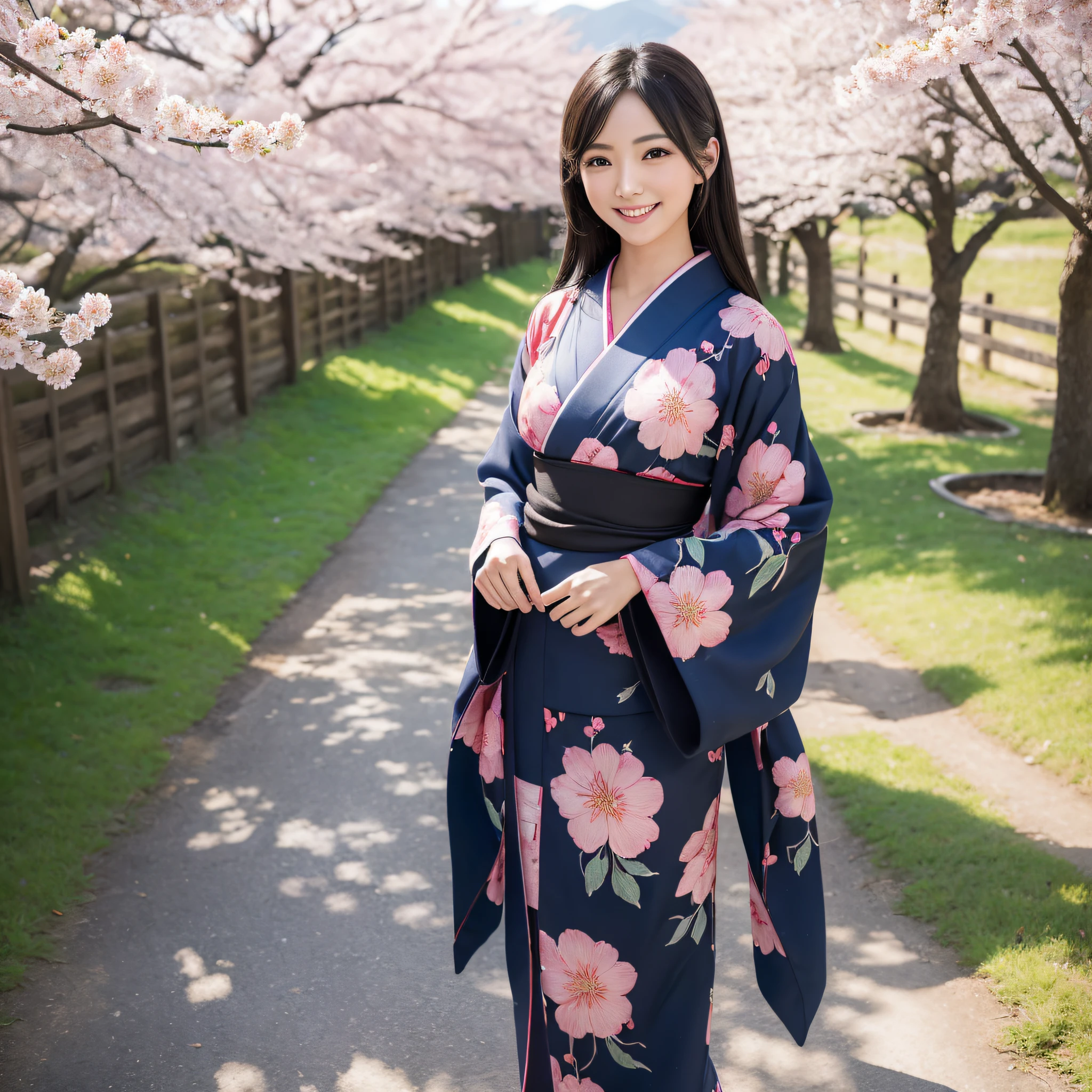 (Super beautiful woman in kimono)、((best qualtiy、8k masterpieces:1.3))、foco nítido:1.2、(ultra beautiful faces:1.0)、(shinny skin:1.0)、photos realistic、A dark-haired、Video Lighting、High-definition eyes and face、Video Lighting、Japanese actressl、from the front side、medium breasts、With a happy smile、Slender Abs Beauty、Whole body、wearing kimonos、On a hill with dancing cherry blossoms