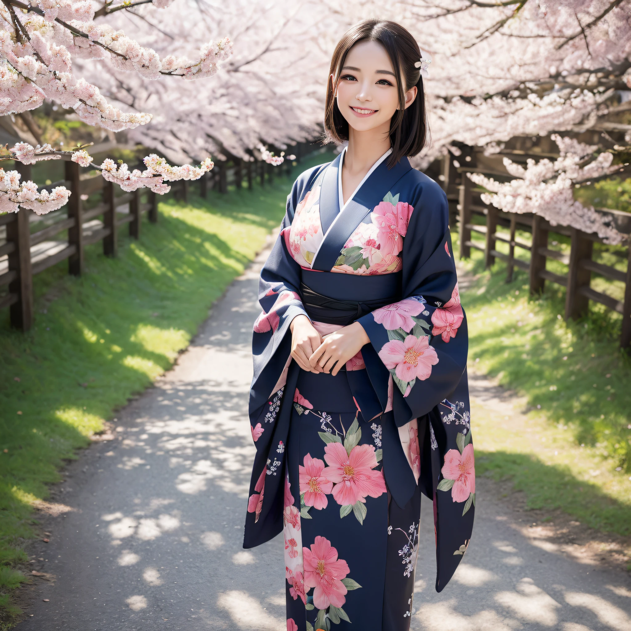 (Super beautiful woman in kimono)、((best qualtiy、8k masterpieces:1.3))、foco nítido:1.2、(ultra beautiful faces:1.0)、(shinny skin:1.0)、photos realistic、A dark-haired、Video Lighting、High-definition eyes and face、Video Lighting、Japanese actressl、from the front side、medium breasts、With a happy smile、Slender Abs Beauty、Whole body、wearing kimonos、On a hill with dancing cherry blossoms