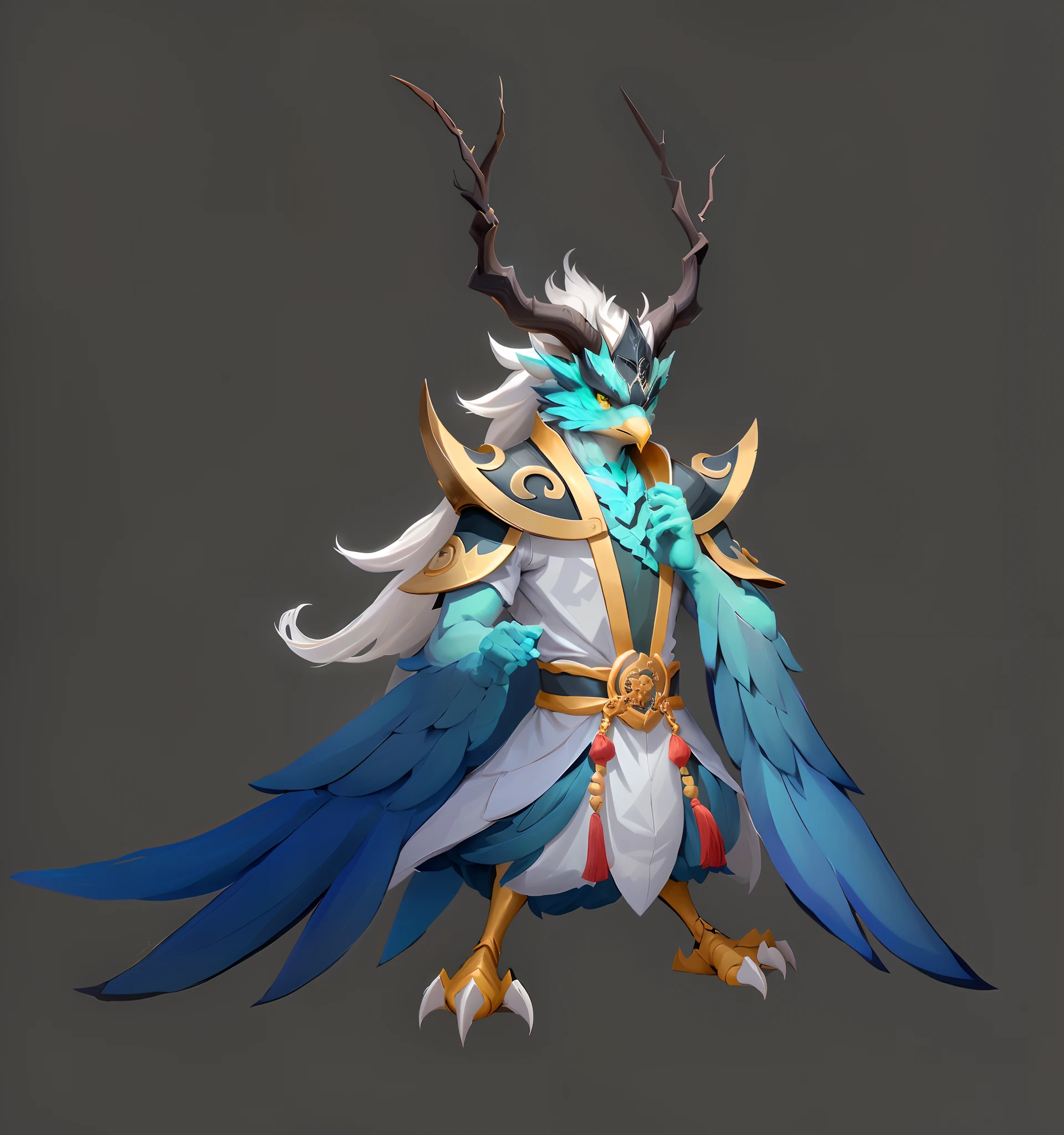 (anthropomorphic turtle),oriental mythology,game character setting,male people,独奏,((Bird head)),The human body,(Hands and paws 1.5),Bird's claw,(The feet are the paws of the bird1.5),The head has a pair of long dendritic horns,Wearing a green robe,long white hair,with black background,simplebackground