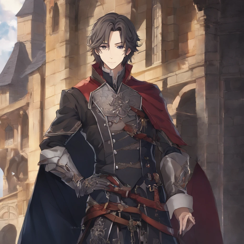 High quality, 8k Resolution, ultra detailed, 1man, male focus, ((kind smile)), looking at viewer, (cowboy shot), ((Strahd von Zarovich but before he became a vampire)), soft lighting, relaxed pose, (kind facial features), brown hair, nobleman clothing, (medieval town background), character smiling softly at viewer, very relaxed attitude, soft gaze, romantic features, ((((no hats)))), shoulder length hair, proportional head to body ratio, extremely detailed features, medieval fantasy time period, medieval noble clothing style, handsome face,