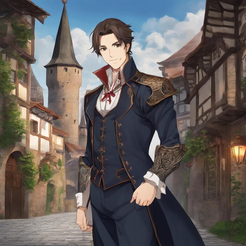 High quality, 8k Resolution, ultra detailed, 1man, male focus, ((kind smile)), looking at viewer, (cowboy shot), ((Strahd von Zarovich but before he became a vampire)), soft lighting, relaxed pose, (kind facial features), brown hair, nobleman clothing, (medieval town background), character smiling softly at viewer, very relaxed attitude, soft gaze, romantic features, ((((no hats)))), shoulder length hair, proportional head to body ratio, extremely detailed features, medieval fantasy time period, medieval noble clothing style, handsome face,