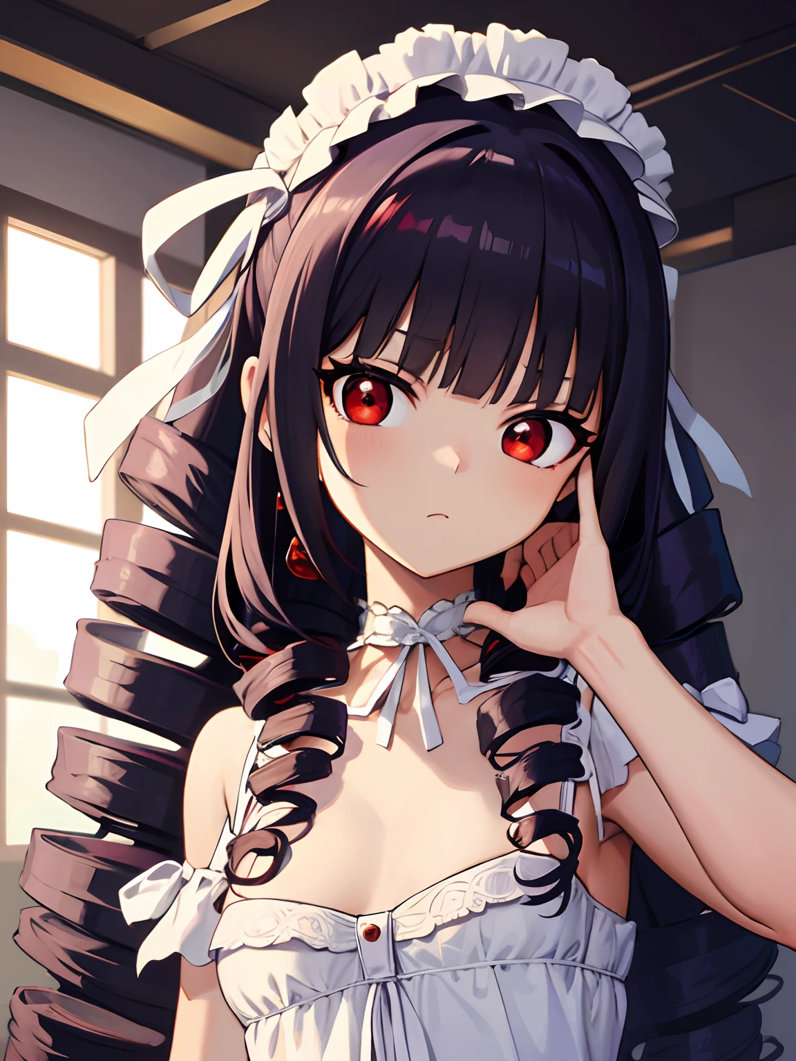 celestialudenberg, celestia ludenberg, black hair, bonnet, (drill hair:1.2), earrings, long hair, (red eyes:1.5), (twin drills:1.2), (small breast:1.2),
BREAK lingerie,
BREAK indoors, classroom,
BREAK looking at viewer, BREAK (masterpiece:1.2), best quality, high resolution, unity 8k wallpaper, (illustration:0.8), (beautiful detailed eyes:1.6), extremely detailed face, perfect lighting, extremely detailed CG, (perfect hands, perfect anatomy),