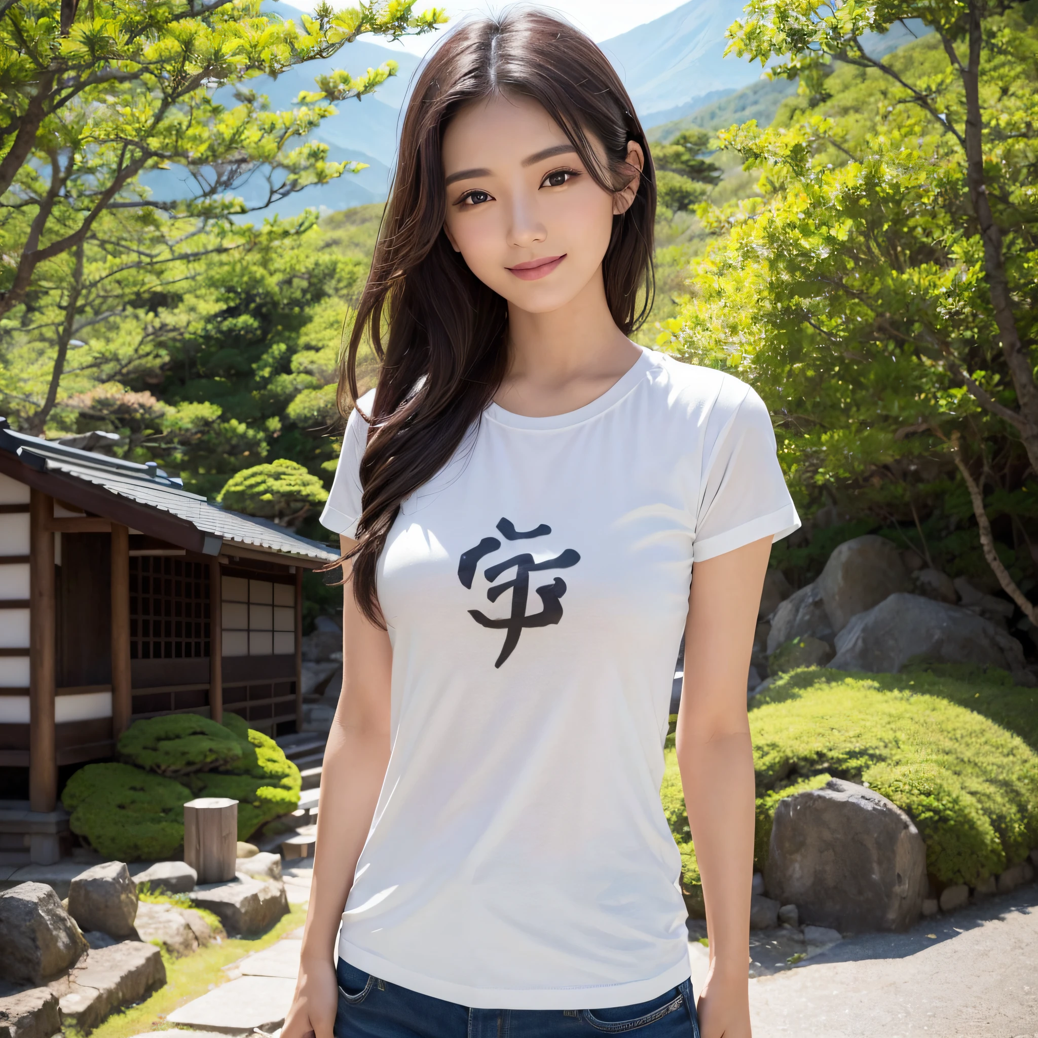 One beauty、((best qualtiy、8k masterpieces:1.3))、foco nítido:1.2、(ultra beautiful faces:1.0)、(shinny skin:1.0)、photos realistic、A dark-haired、Video Lighting、High-definition eyes and face、Video Lighting、25-year-old Japan actress、from the front side、medium breasts、Smile、Slender Abs Beauty、Whole body、Kanji for Japan「tenderness」Wearing a T-shirt、In the mountains. Fuji