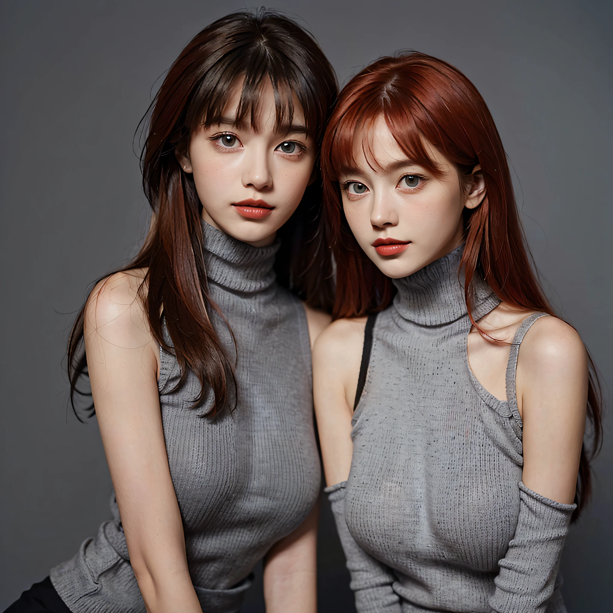 Masterpiece, Best Quality, (Realistic, Super Real, Super Reality:1.5), (Photography), 1girl, (Neat and Innocent Character, Gentle Atmosphere:1.2), ((Red Color Hair, Straight Long Moist hair:1.2)), (Smile:0.8), (Tender eyes), (blunt bangs, Very Long Hair:1.2), Looking at Viewer, Cowboy Shot, Cinemagraph, BREAK (Perfect beauty, Very Porcelain Skin, Very Fair Skin, Fine and Beautiful Skin, Super Smart, Faces with random and very beautiful details, (Symmetrical beautiful face, symmetrical beautiful eyes, Red Color Eyes, Fine Eyes Detail, Fine face:1.3), (Large eyes, Hyper Detail Eyes, Very Clear Eyes:1.2), Both eyes are synchronized, Focused Gaze, on focus, Look at us, (Thin Lips:1.2), Crimson Red Color Lipstick, Beautiful Face, Nasal stripes are well defined), Brake ((Gray Color Very Tight Sleeveless Turtleneck Knit:1.5), (Beige Color, Cotton, Skirt:1.2)), (Black Wide Choker), ((White Color Simple Gradation Background:1.3)), Flat Lighting, (Large Breasts, Well-Shaped Breasts:1.4), BREAK (7 Head-toll, Model Figure, Thin Neck, Thin shoulder, sloped shoulder, (narrow shoulders, thin upper chest, Thin under the chest, thin waist), Thin Arms, Thin Legs:1.2),