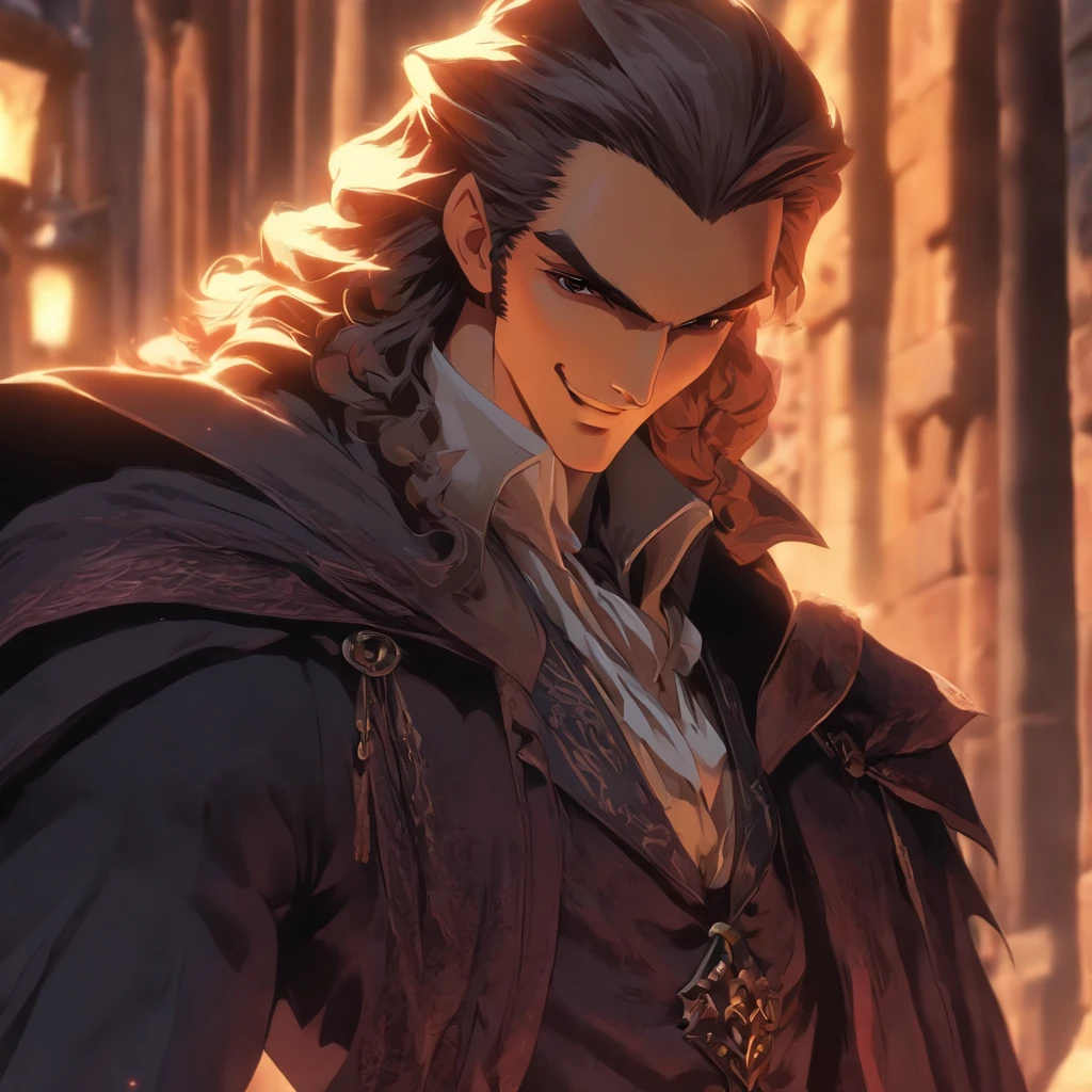 High quality, 8k Resolution, ultra detailed, 1man, male focus, ((kind smile)), looking at viewer, (cowboy shot), ((Strahd von Zarovich but before he became a vampire)), soft lighting, relaxed pose, (kind facial features), brown hair, nobleman clothing, (medieval town background), character smiling softly at viewer, very relaxed attitude, soft gaze, romantic features, ((((no hats)))), shoulder length hair, proportional head to body ratio, extremely detailed features,