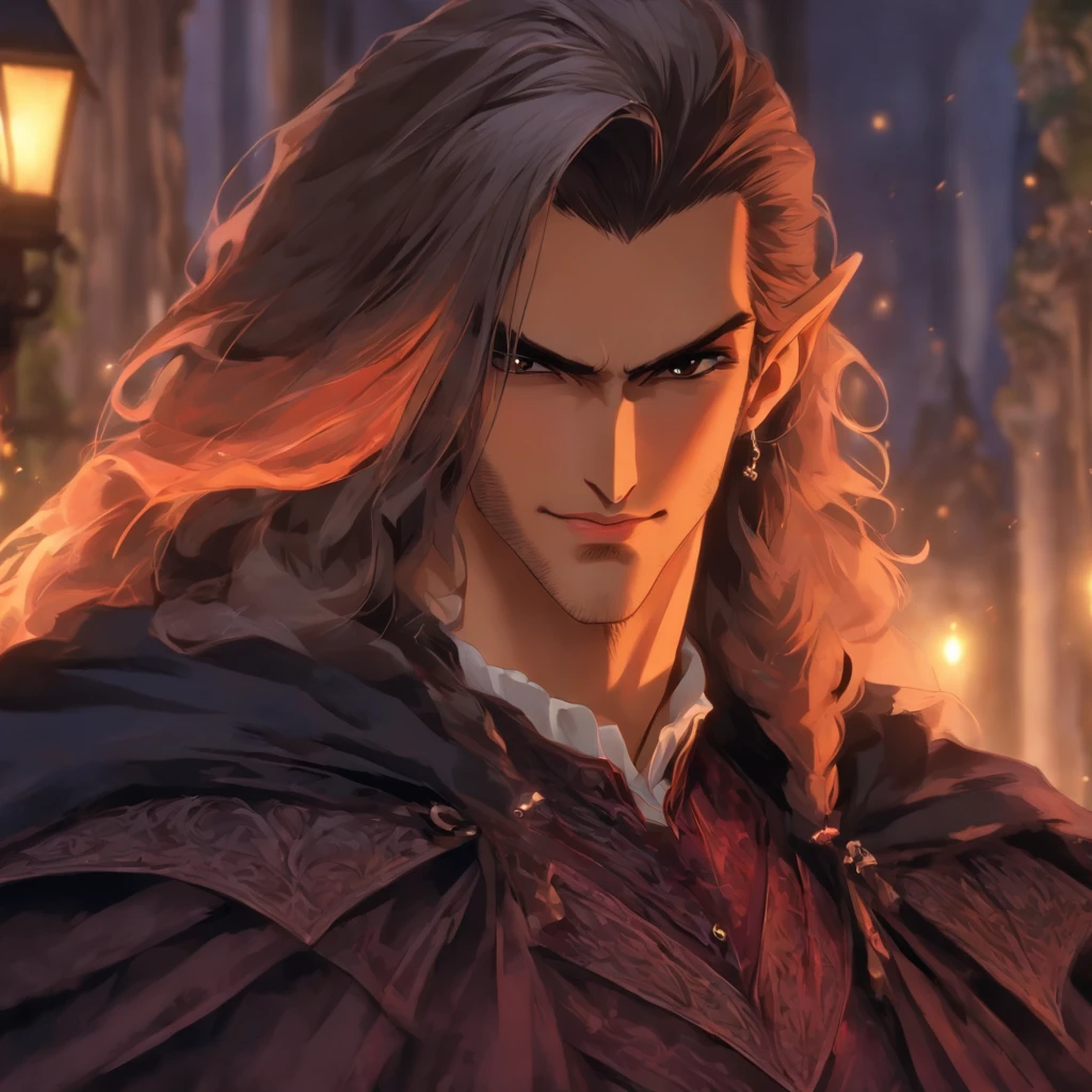 High quality, 8k Resolution, ultra detailed, 1man, male focus, ((kind smile)), looking at viewer, (cowboy shot), ((Strahd von Zarovich but before he became a vampire)), soft lighting, relaxed pose, (kind facial features), brown hair, nobleman clothing, (medieval town background), character smiling softly at viewer, very relaxed attitude, soft gaze, romantic features, ((((no hats)))), shoulder length hair, proportional head to body ratio, extremely detailed features,