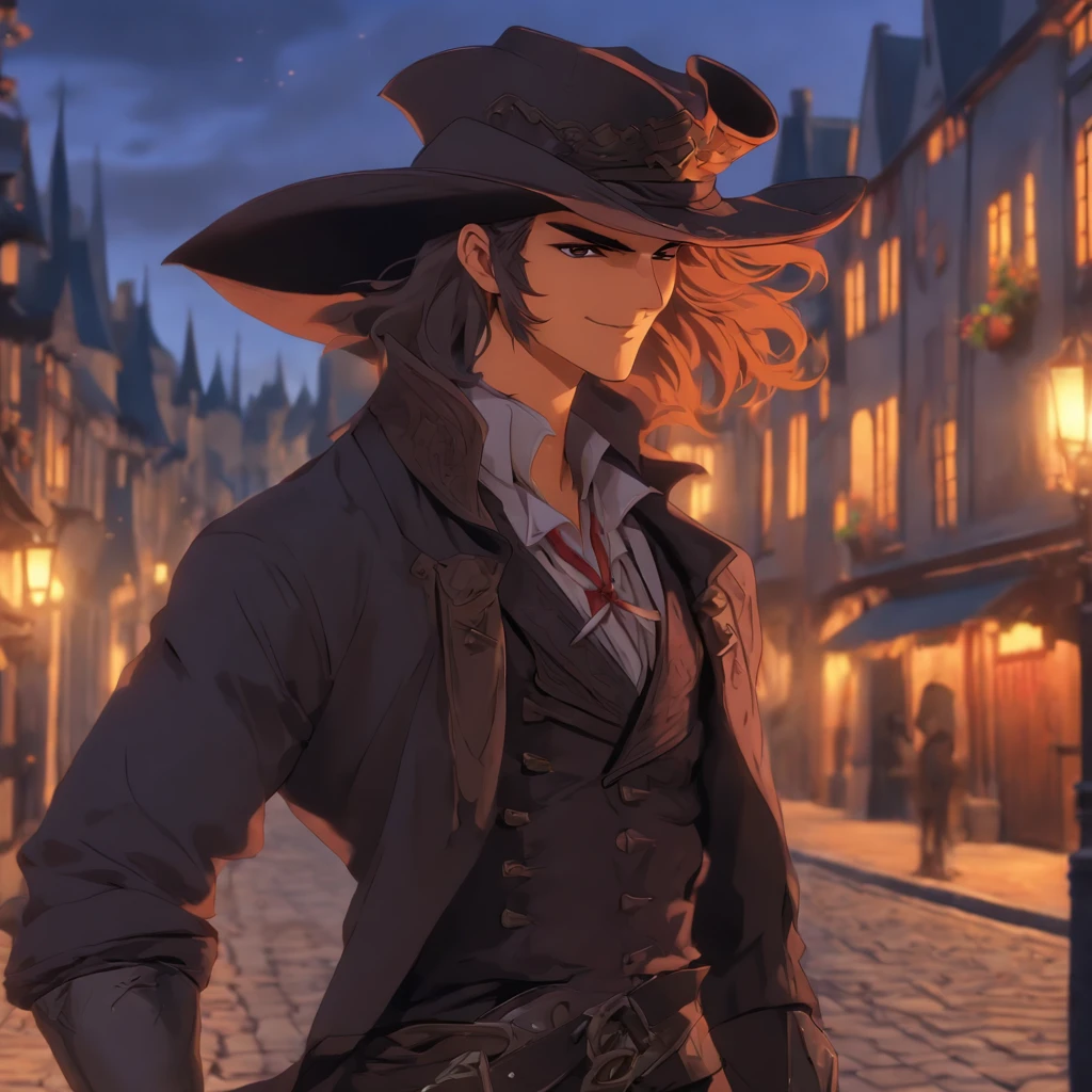 High quality, 8k Resolution, ultra detailed, 1man, male focus, ((kind smile)), looking at viewer, (cowboy shot), ((Strahd von Zarovich but before he became a vampire)), soft lighting, relaxed pose, (kind facial features), brown hair, nobleman clothing, (medieval town background), character smiling softly at viewer, very relaxed attitude, soft gaze, romantic features, ((((no hats)))), shoulder length hair, proportional head to body ratio, extremely detailed features,