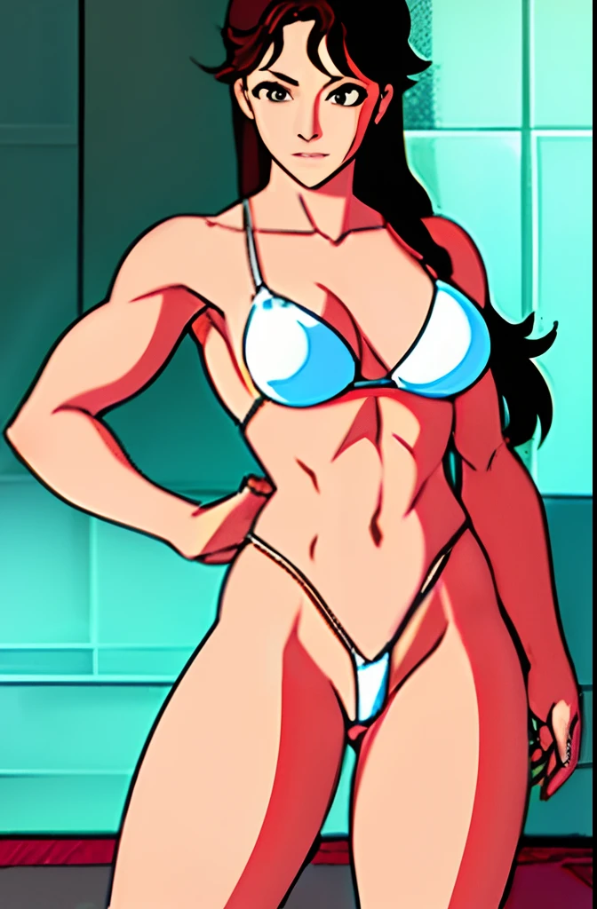sexy (((muscular))) girl, sculpted abdomen, wearing a white exquisite thong, standing tall and dominant ready to be adored, bedroom, bulging biceps, sharp focus, full light