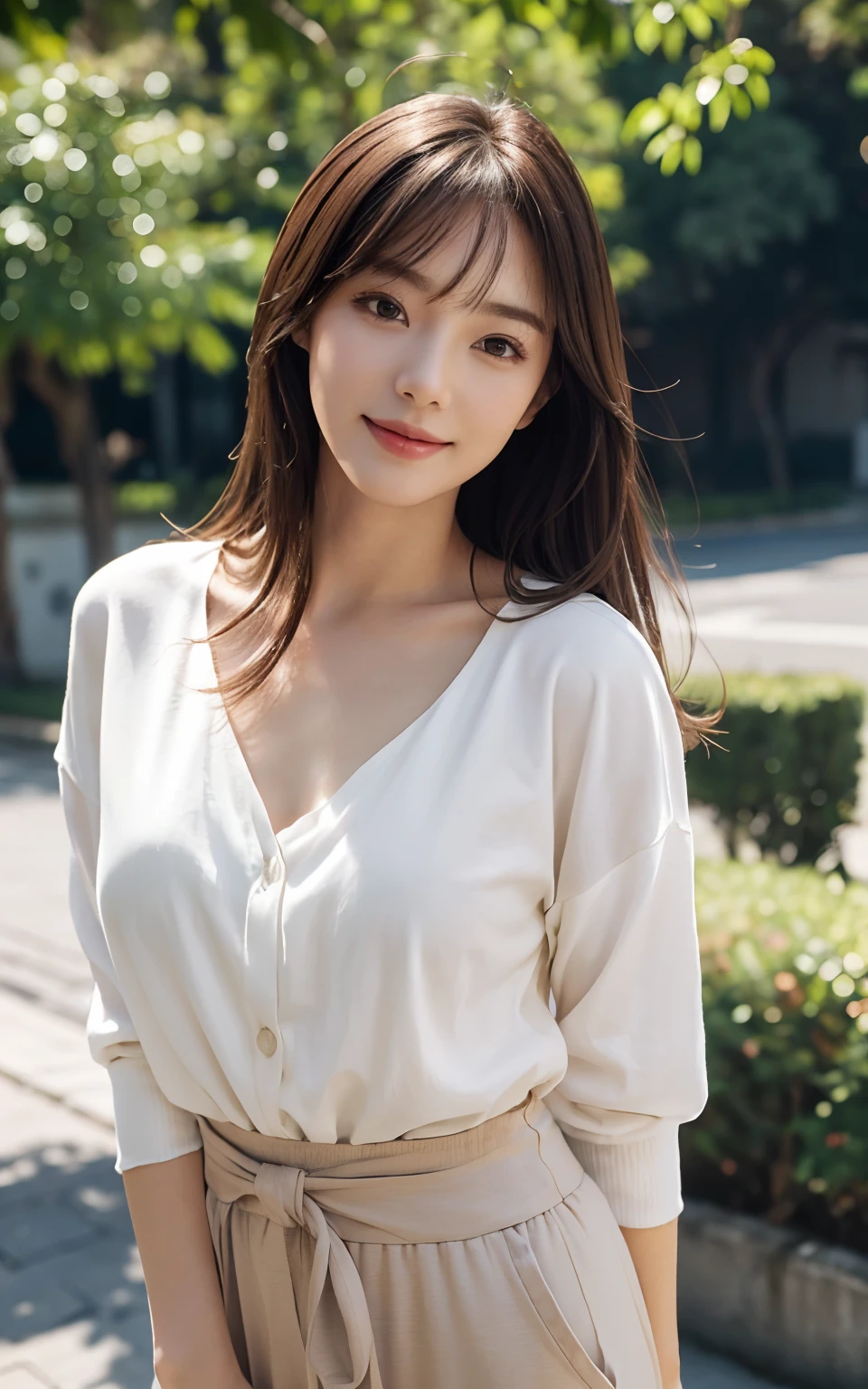 (skin blemish:1.2), (skin indentation), dark circles, 1womanl, 25 age old, (((woman))), Solo, Realistic, Best quality, Photorealistic, Mastery, 8K, A high resolution, Solo, Extremely detailed face, (Professional lighting，Bokeh），（light particules，lens flare glow，Luminous Particle：0.6），（dynamicposes：1.2），gentlesoftlighting，Top corner view，Trendy atmosphere，jpn，the street，城市，toyko，ports，（（In the daytime)), Skysky, ((looking at viewert:1)), (looks into camera), opulent, standing on your feet, keep original facial proportion, Shave your shoulders, full bodyesbian, (Medium chest), (short detailed hair), A brown-haired, Fluttering, cparted lips, lipsticks, Seductive smile, ssmile, Open-mouthed, teeth, (Blue skinny sweater), (white colors）（Business miniskirt), eyeslashes, birthmark, (Moles under eyes: 1),Legs are well-proportioned, Slender and fair，A pair of lotus ankles are white and tender，without wearing shoes，Beautiful feet with meticulous details，Focus on the chest，fully body photo