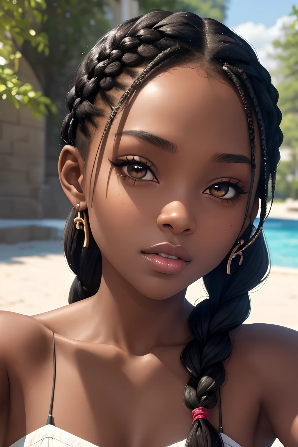 technological, advertising poster. Close-up, a modern dark-skinned girl, with neatly laid Afro braids on her head, looks into the future, with a virtual reality device in front of her eyes. Light blue background, advertising of a high-tech product. Digital technologies, virtual reality, network services. Beautiful girl close-up, in virtual space. Highest quality, 16 K. FUL SD, cinematic rendering., brown hair, dreadlocks, light smile, Surrealism, Futurism, Romanticism, ray tracing, backlighting, bloom, High quality