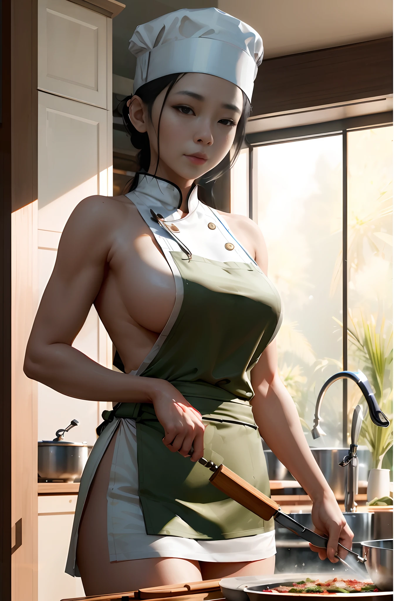 there is a woman in a chef's uniform cutting a pizza, in the kitchen, asian hyperdetailed, photorealistic perfect body, japanese goddess, inspired by Feng Zhu, smooth digital concept art, by Jason Chan, beautiful digital artwork, inspired by Fenghua Zhong, by Russell Dongjun Lu, ultra realistic picture, by Ren Xiong, in a kitchen
