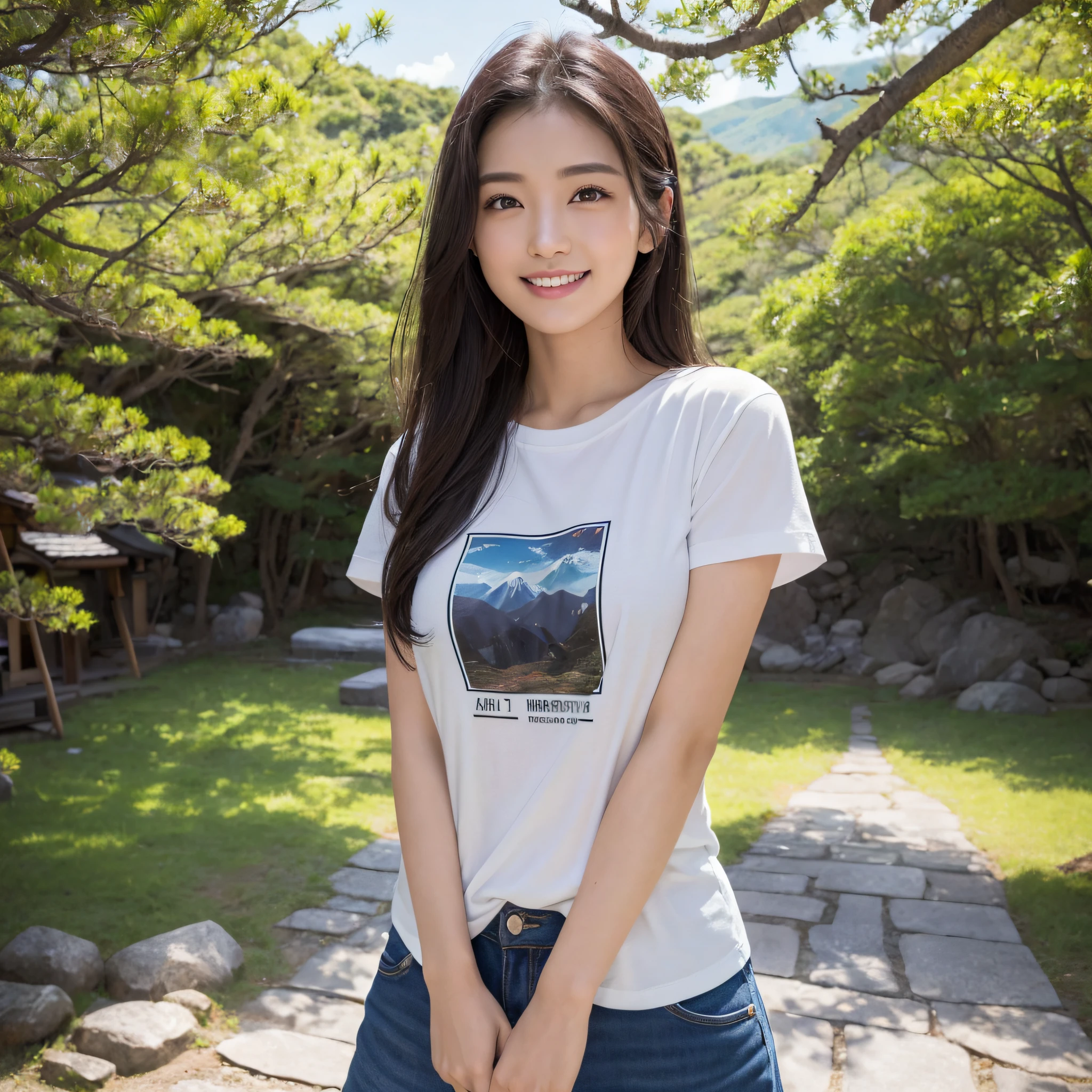One beauty、((best qualtiy、8k masterpieces:1.3))、foco nítido:1.2、(ultra beautiful faces:1.0)、(shinny skin:1.0)、photos realistic、A dark-haired、Video Lighting、High-definition eyes and face、Video Lighting、25-year-old Japan actress、from the front side、medium breasts、Smile、Slender Abs Beauty、Whole body、Kanji for Japan「tenderness」Wearing a T-shirt、In the mountains. Fuji