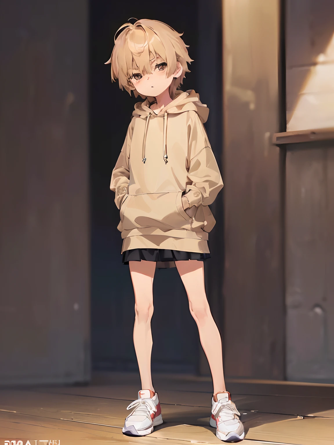 (((7-year-old boy))), ((child)), (((shota))),  very short hair, (Oversized beige hoodie), ((beige big hoodie), ((mini-skirt)), ((bare thigh)), ((thigh focus)), sneakers, A small cute boy,  ((Skinny)),   full body,  (best Quality), (Amazing Details:1.2), 8k, official art, extremely detailed CG,erection